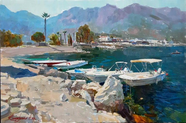 Sunny Bay - Landscape Painting Colors Blue Green White Brown Grey Pastel For Sale 6