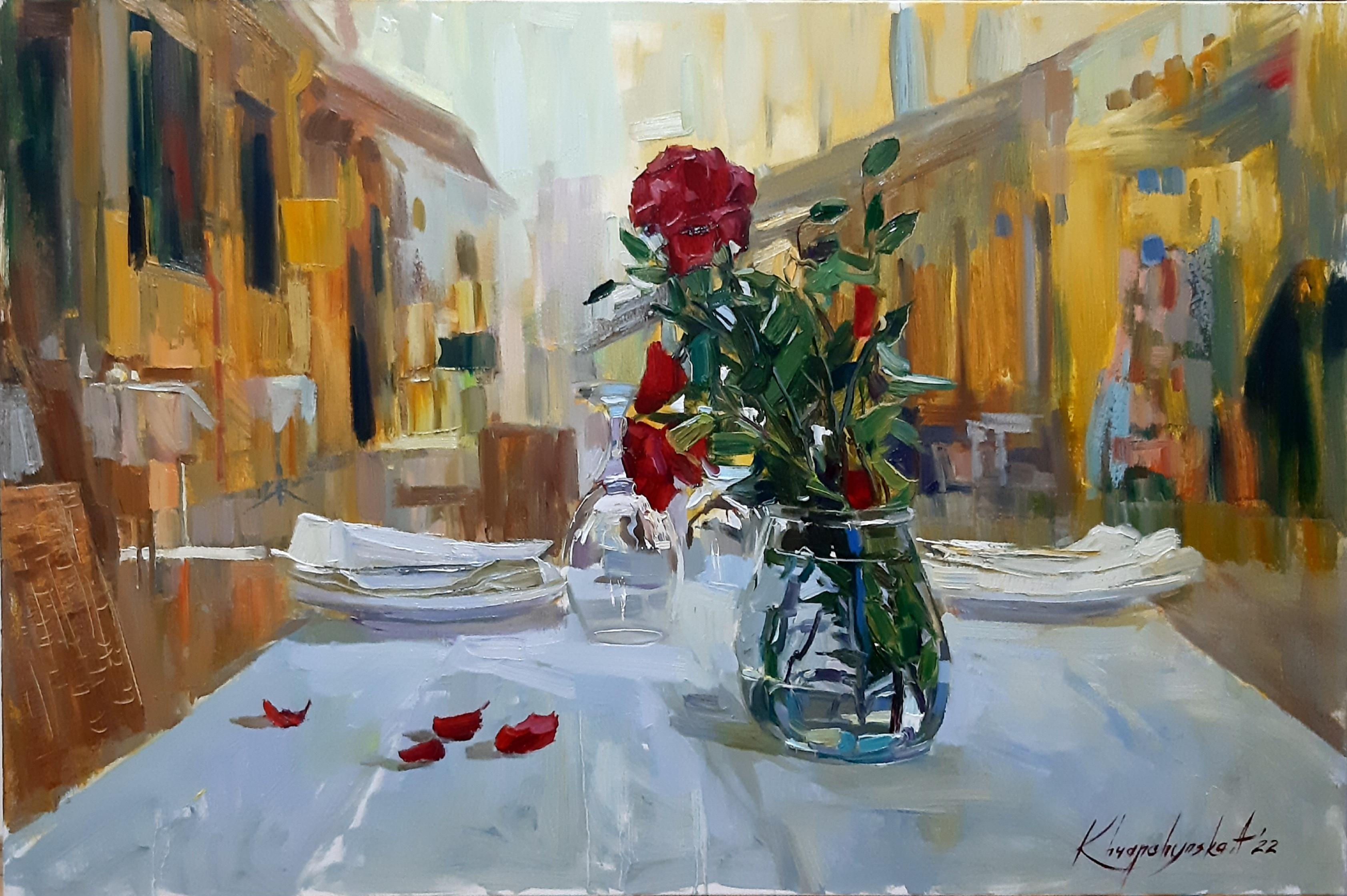 Table for Two - Still-Life Oil Painting Yellow Blue White Green Red Brown Pale