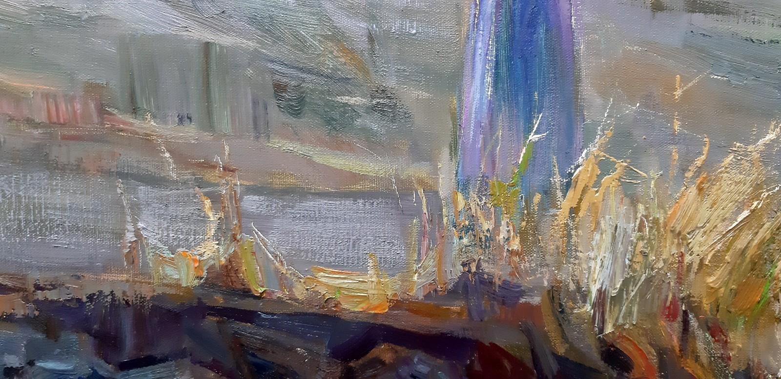 Uchisar coucher de soleil - Peinture à l'huile de paysage jaune, bleu, blanc, vert, rouge, brun pâle - Impressionnisme Painting par Alina Khrapchynska
