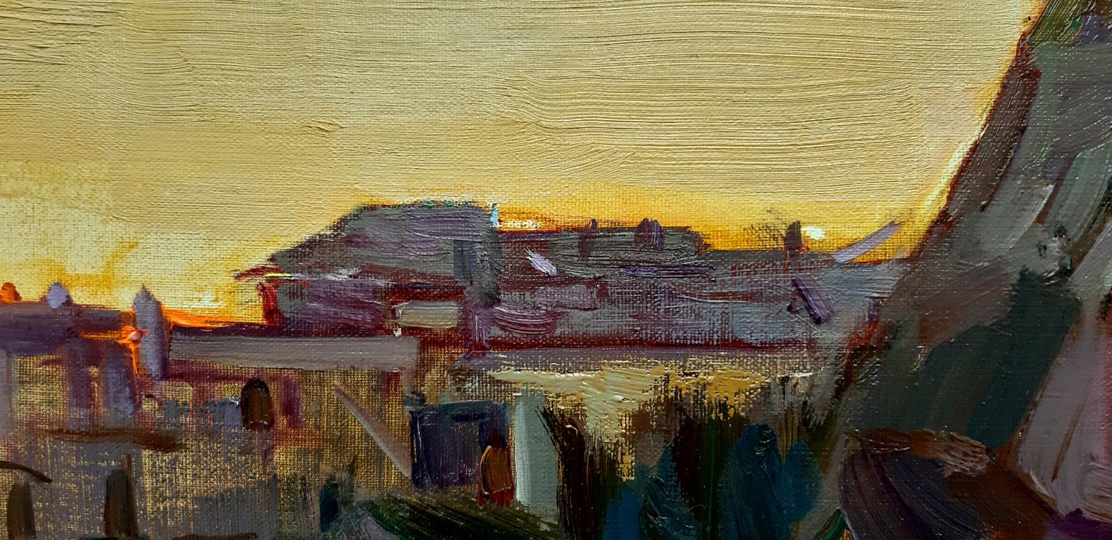 Uchisar coucher de soleil - Peinture à l'huile de paysage jaune, bleu, blanc, vert, rouge, brun pâle 1