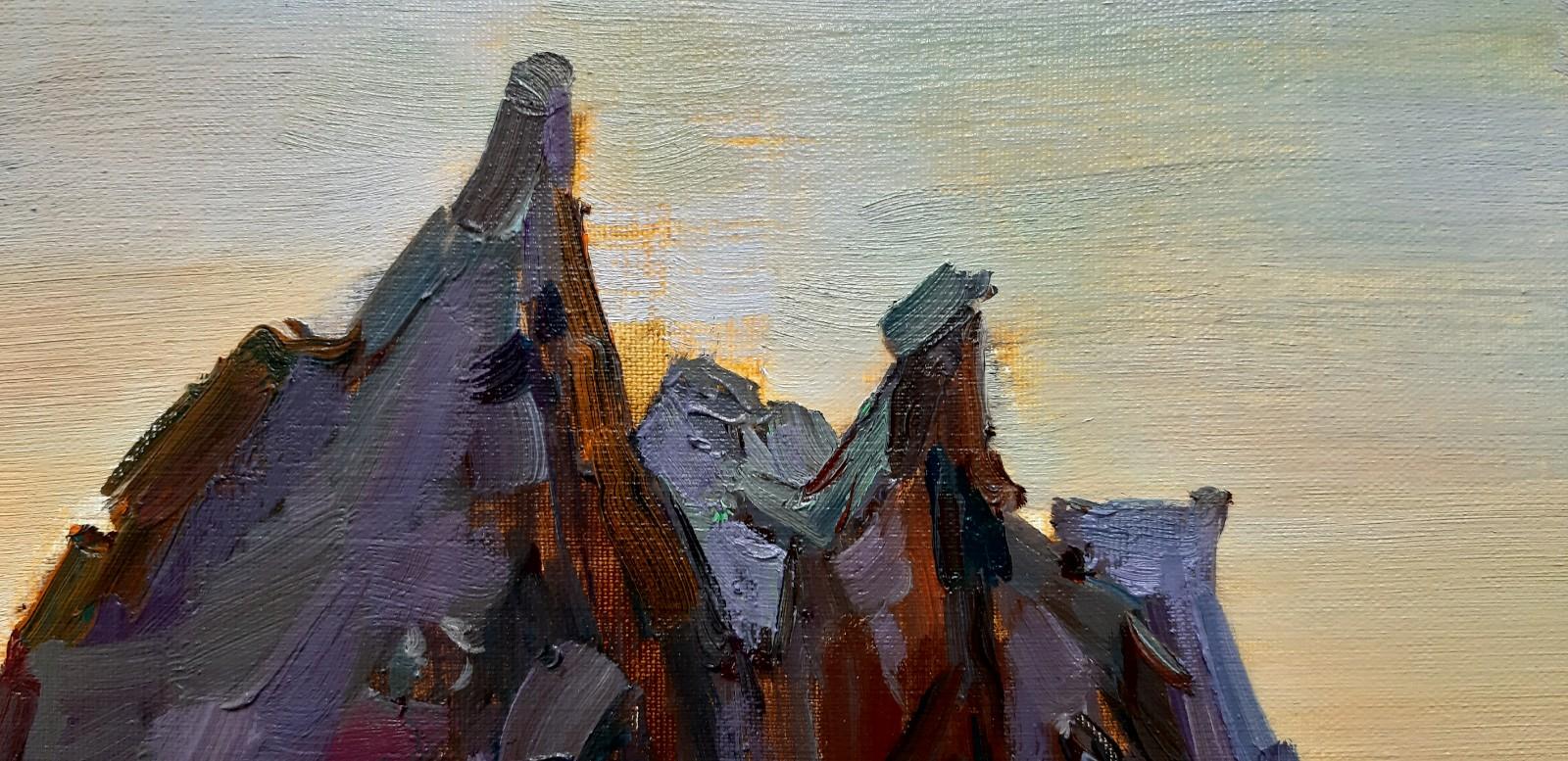 Uchisar coucher de soleil - Peinture à l'huile de paysage jaune, bleu, blanc, vert, rouge, brun pâle 3