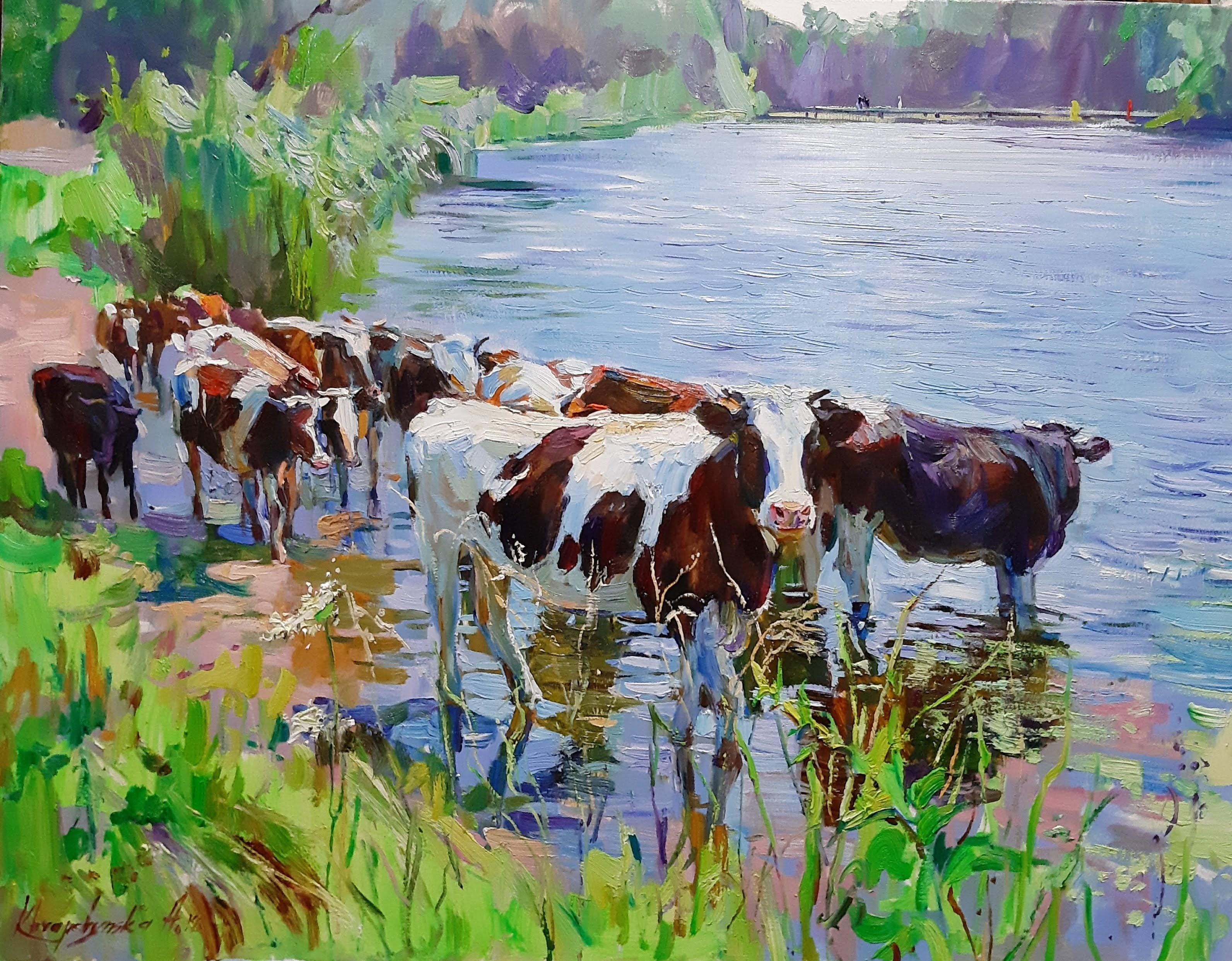 Alina Khrapchynska Animal Painting - Watering - Oil Painting Landscape Color White Green Blue White Pink Purple Brown