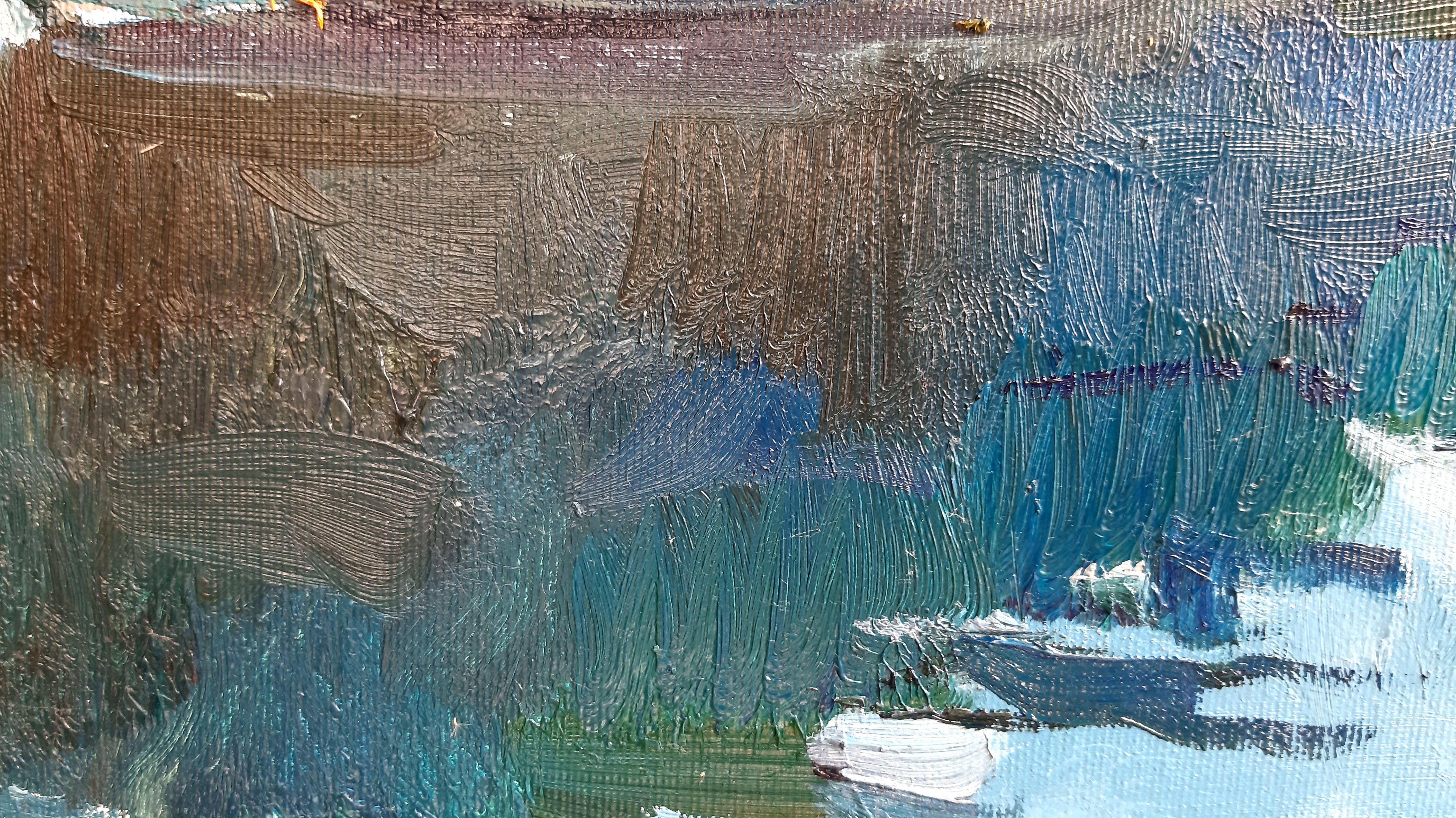 Wharf – maritime Landschaft, Gemälde in Farben Blau, Grün, Weiß, Braun und Grau 6