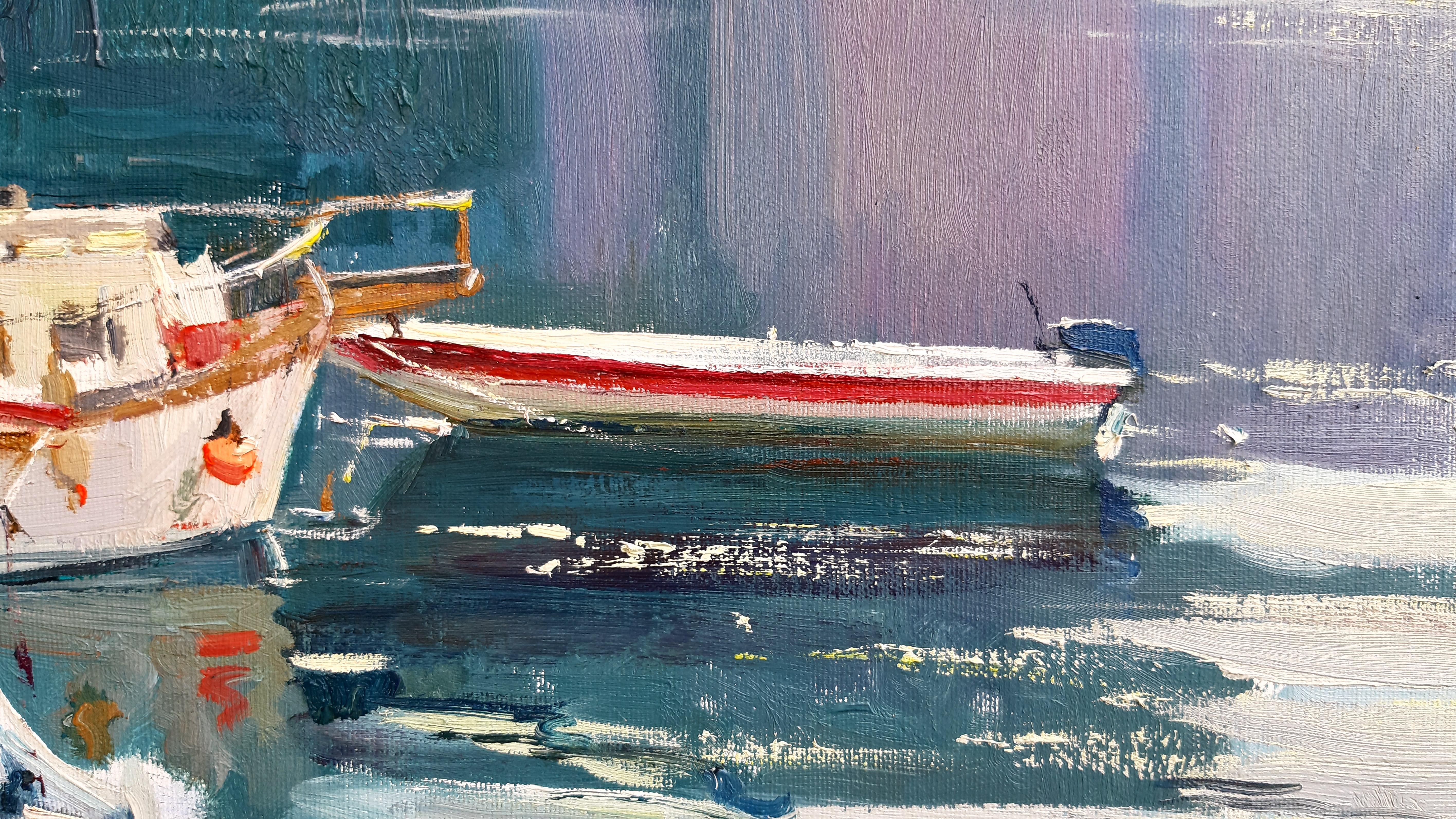 Wharf – maritime Landschaft, Gemälde in Farben Blau, Grün, Weiß, Braun und Grau – Painting von Alina Khrapchynska