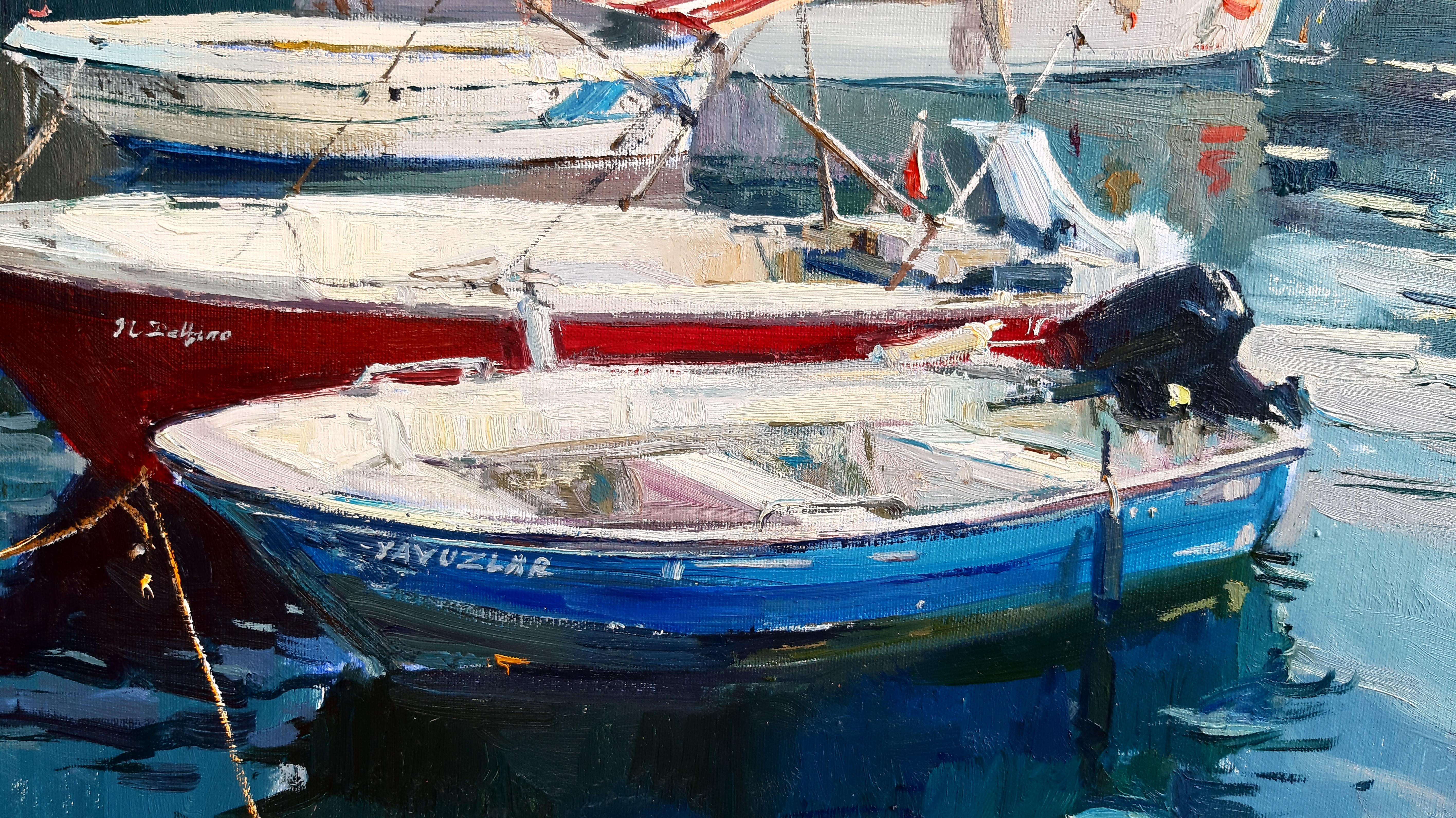 Wharf – maritime Landschaft, Gemälde in Farben Blau, Grün, Weiß, Braun und Grau (Impressionismus), Painting, von Alina Khrapchynska