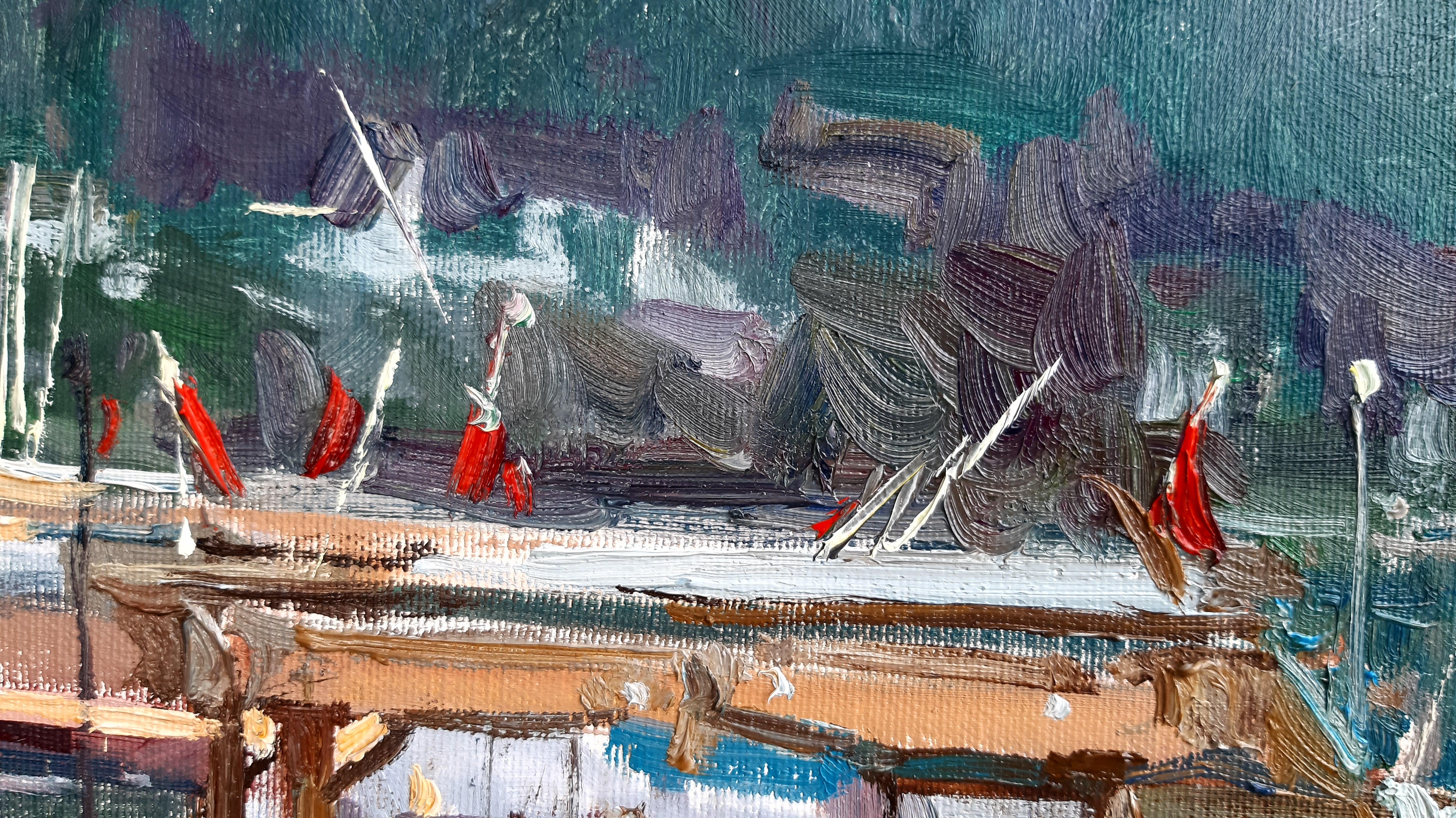 Wharf – maritime Landschaft, Gemälde in Farben Blau, Grün, Weiß, Braun und Grau 1