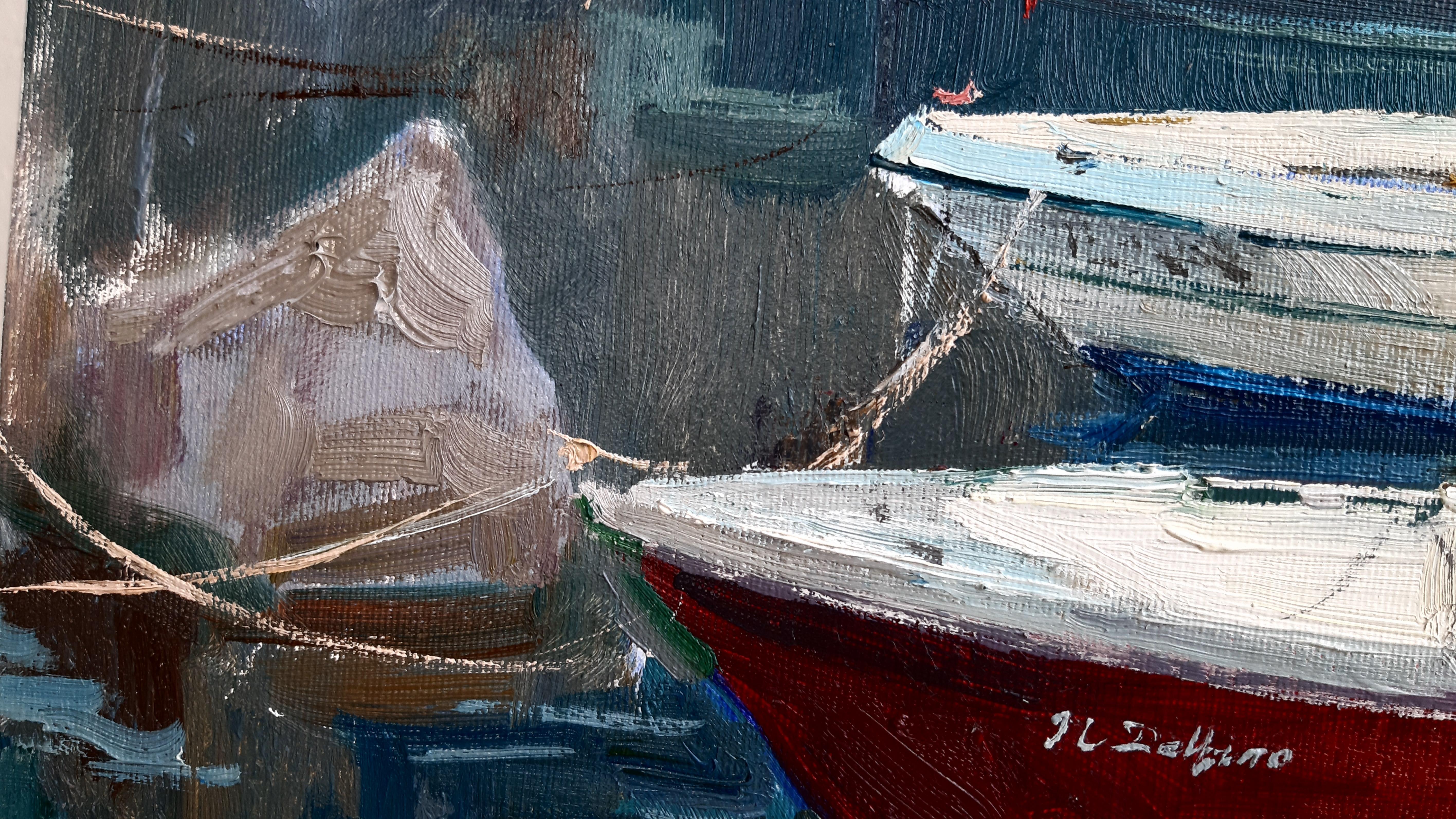 Wharf – maritime Landschaft, Gemälde in Farben Blau, Grün, Weiß, Braun und Grau 2