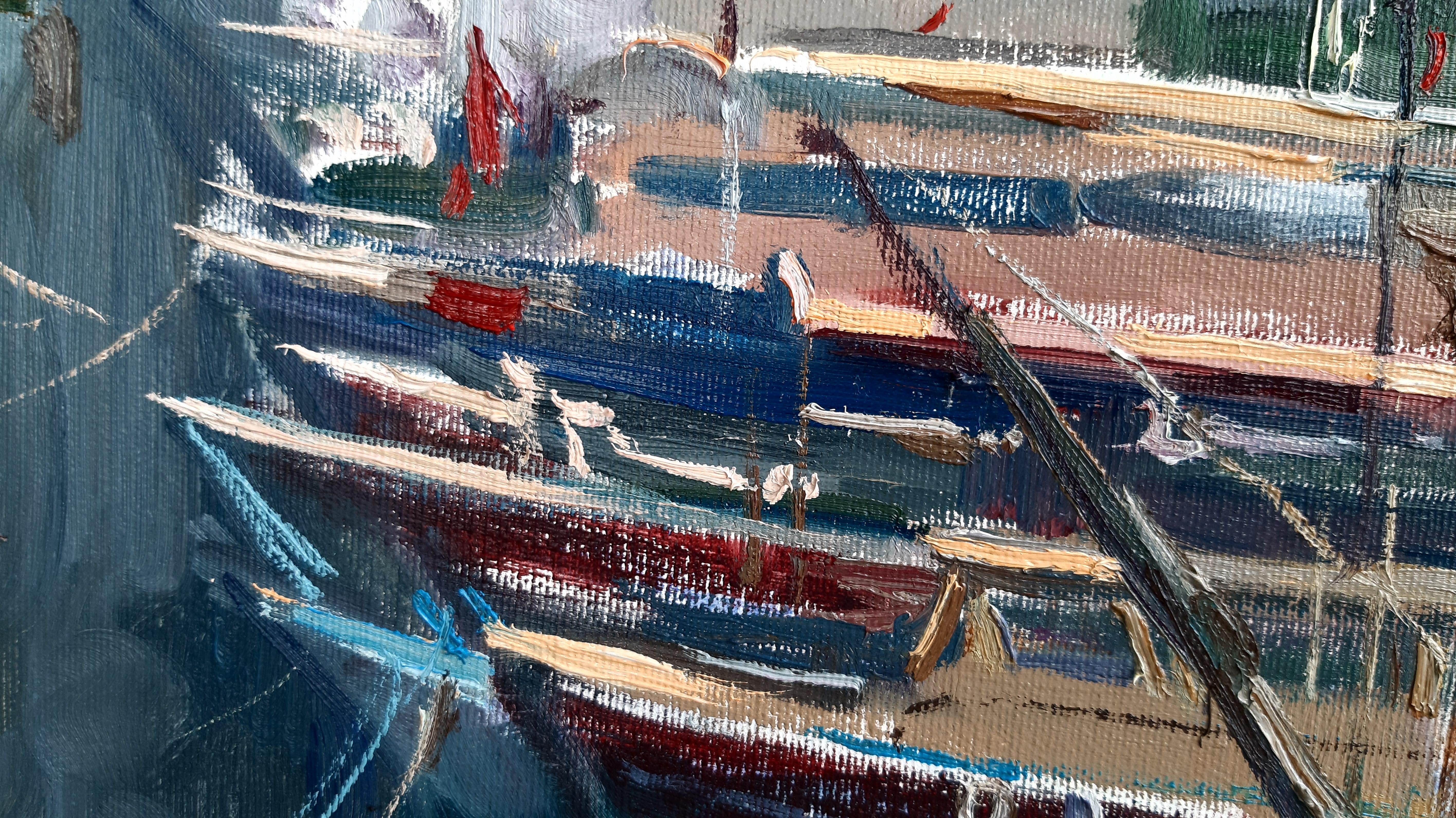 Wharf – maritime Landschaft, Gemälde in Farben Blau, Grün, Weiß, Braun und Grau 3