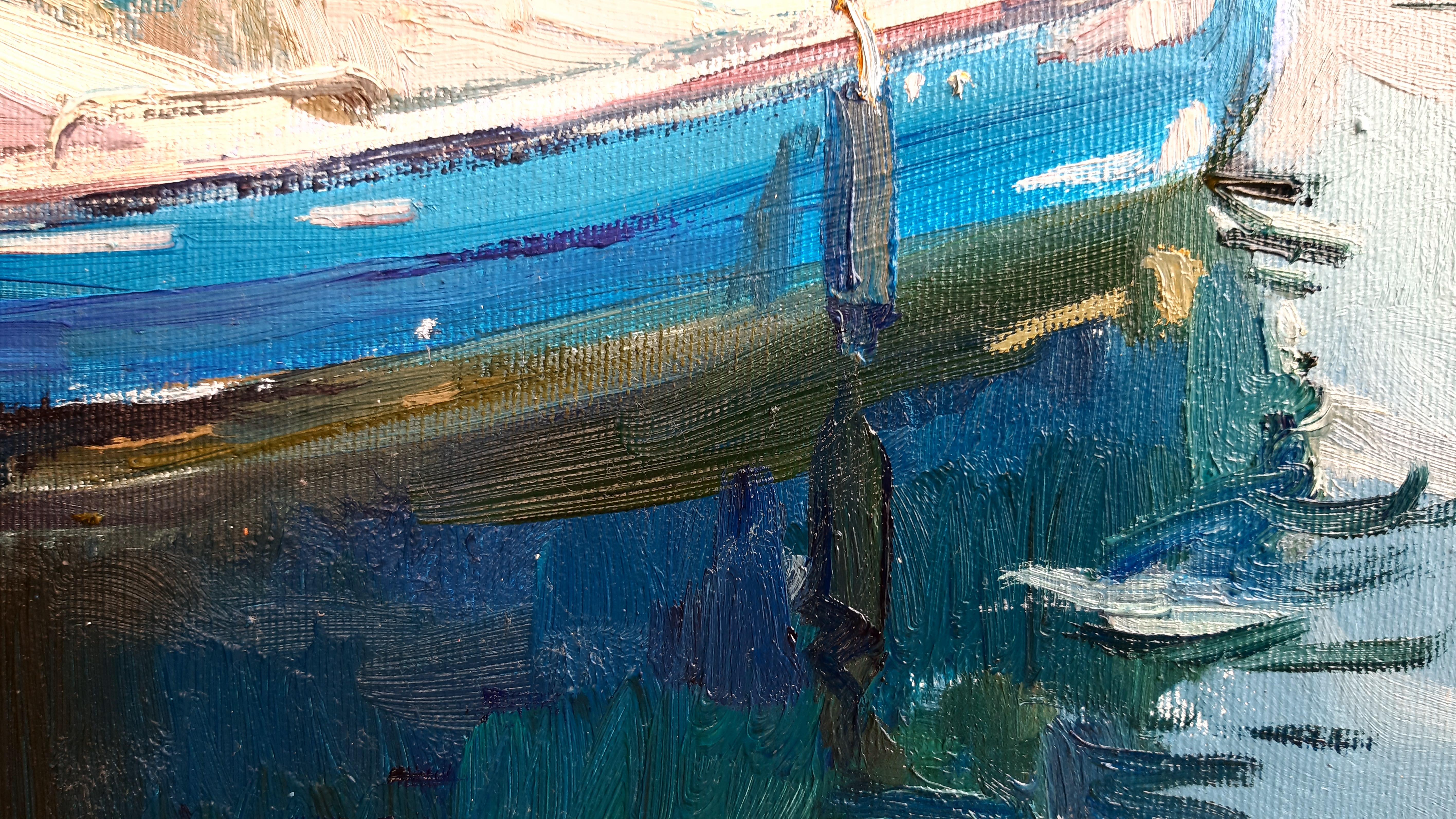 Wharf – maritime Landschaft, Gemälde in Farben Blau, Grün, Weiß, Braun und Grau 5