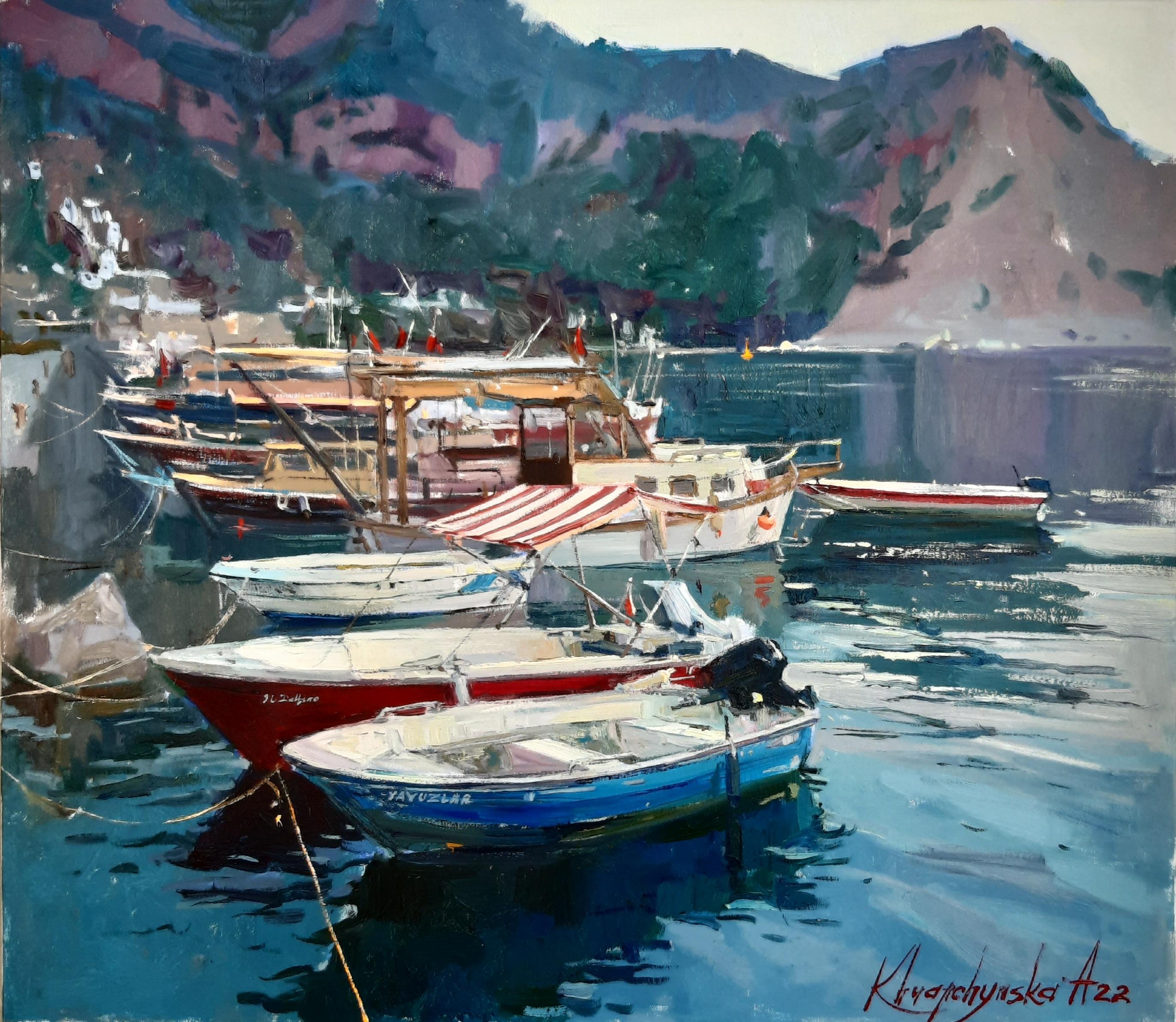 Alina Khrapchynska Landscape Painting – Wharf – maritime Landschaft, Gemälde in Farben Blau, Grün, Weiß, Braun und Grau