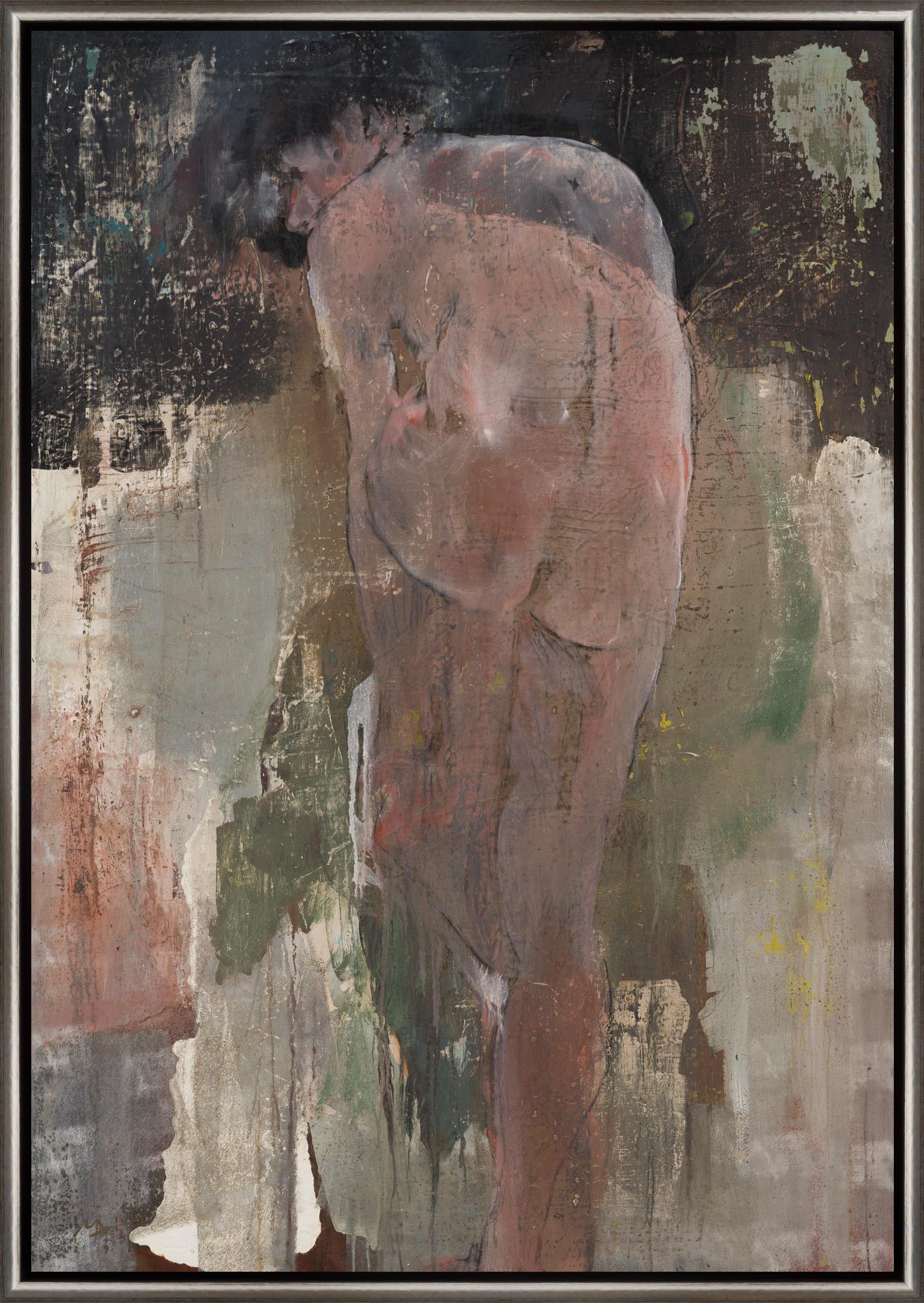 Figurative Painting di Alina Maksimenko - "Tende nere" Figura nuda contemporanea che fa il bagno con cornice in tecnica mista su tela