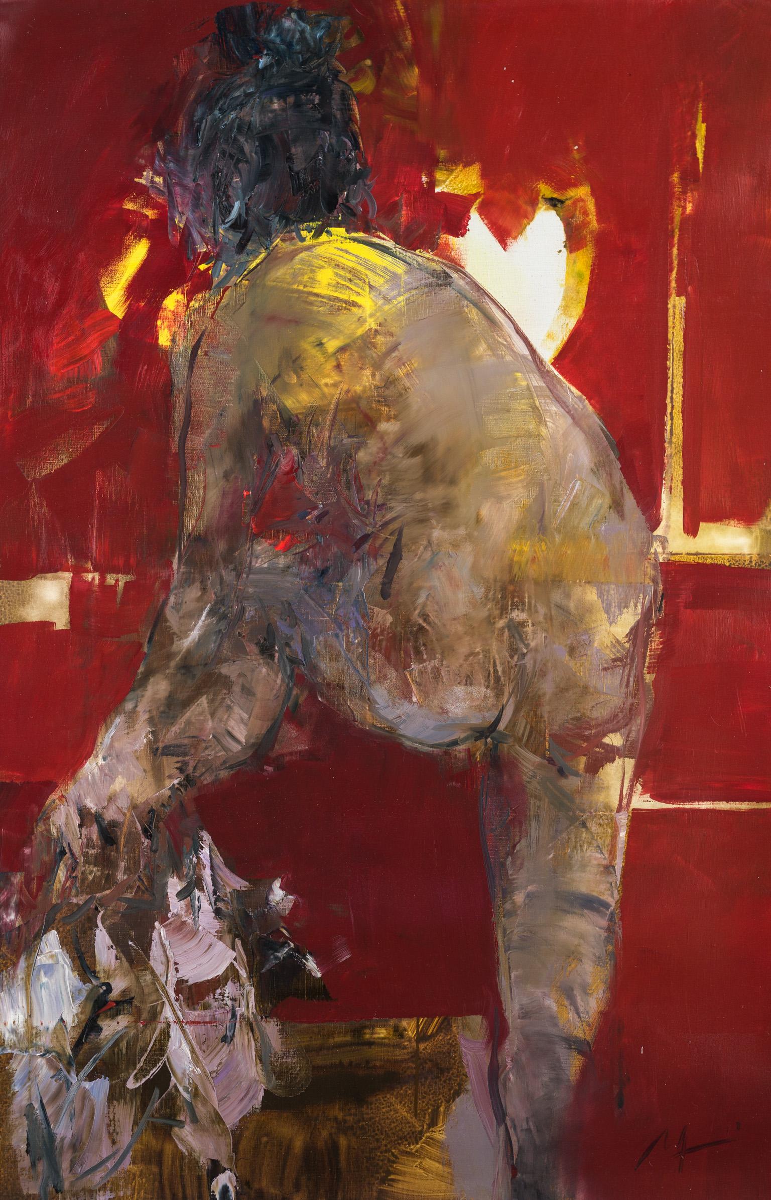 Figure nue sur rouge « Red Curtains 2 » de style impressionniste - Painting de Alina Maksimenko