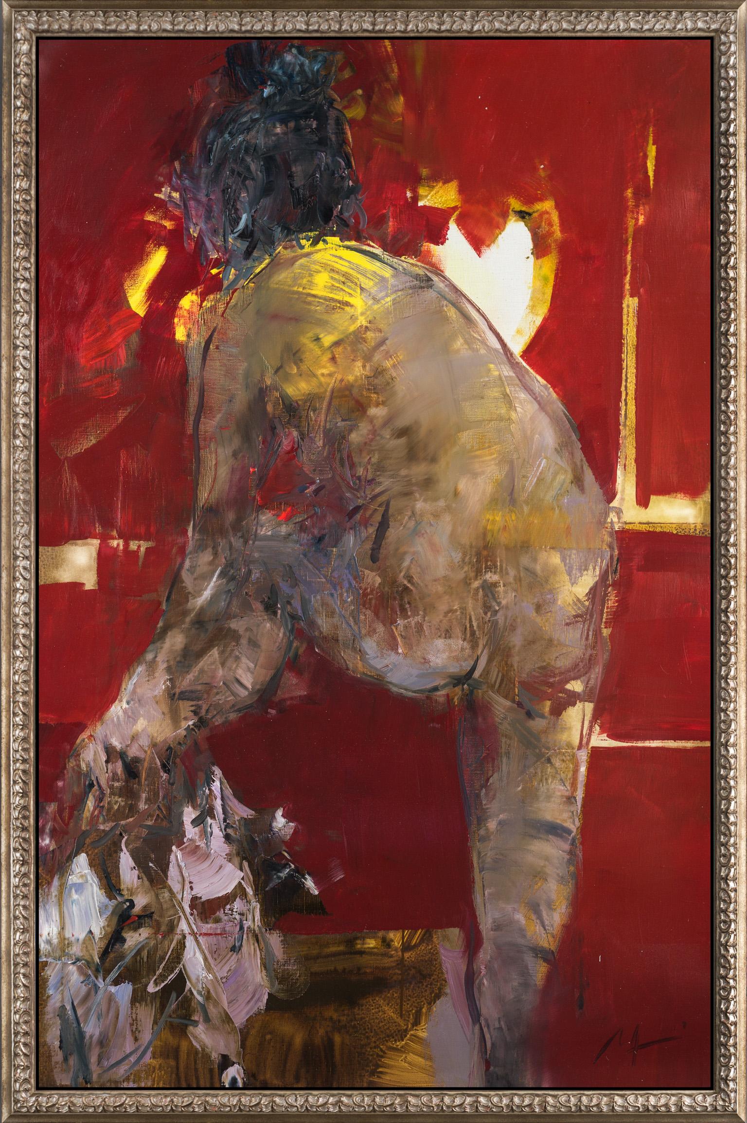 Figurative Painting Alina Maksimenko - Figure nue sur rouge « Red Curtains 2 » de style impressionniste