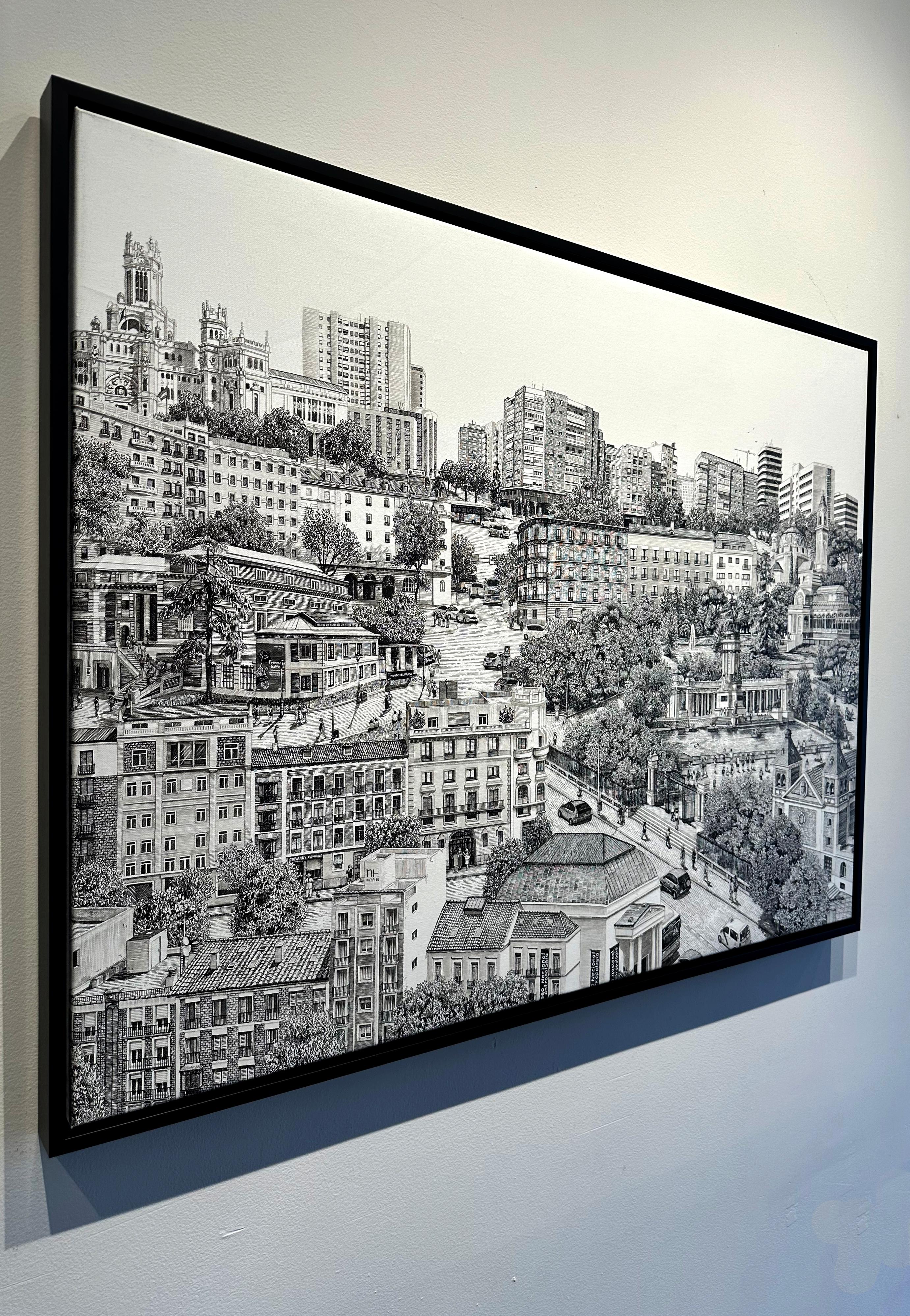 Madrid Centro - contemporary detailed ink and brush on canvas, black and white For Sale 2