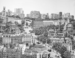 "Madrid Retiro", Intricate ink and brush on canvas, monochrome city scape 