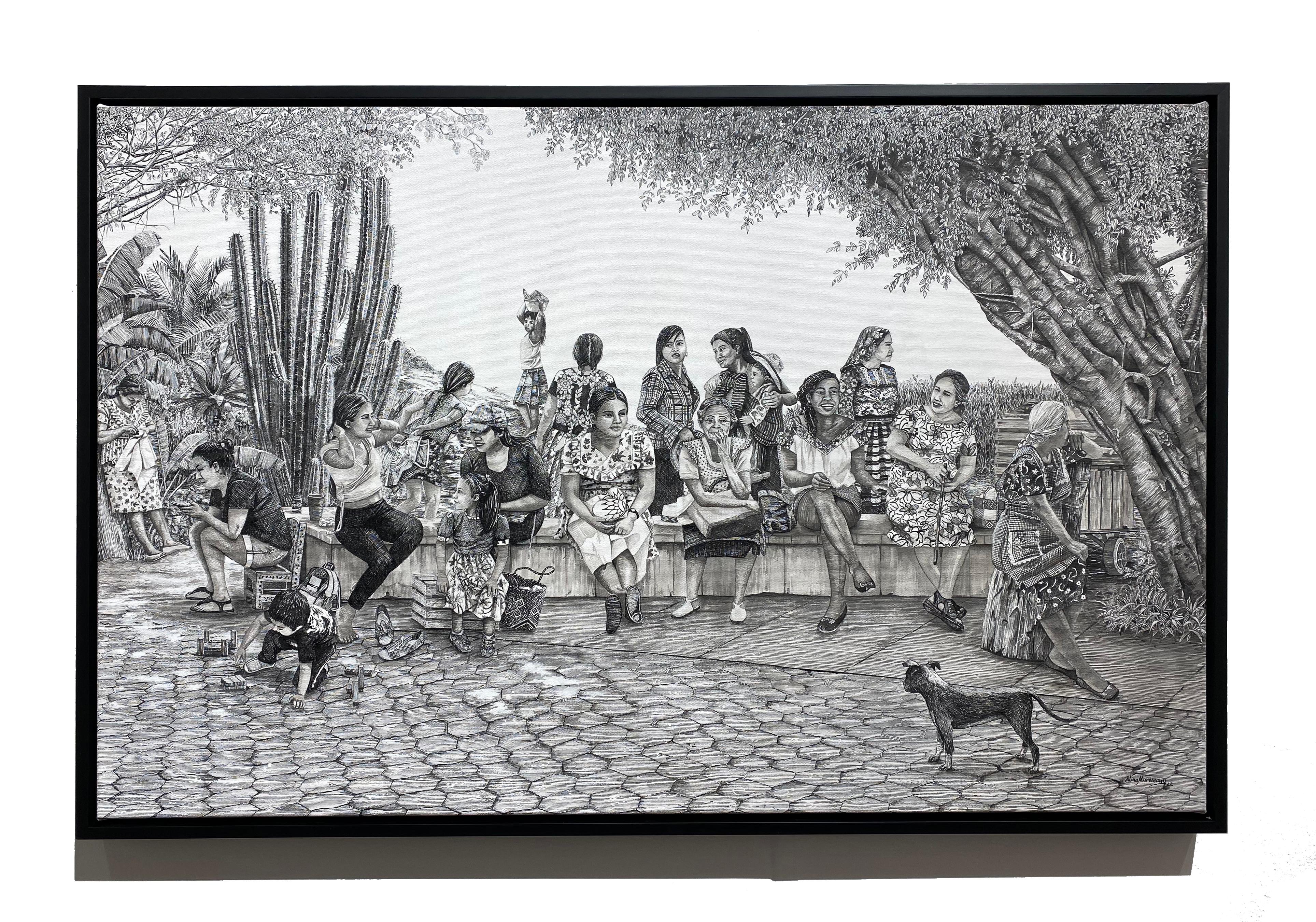 Mujeres de Oaxaca - Women of Oaxaca - contemporary ink and brush on canvas - Painting by Alina Muressan