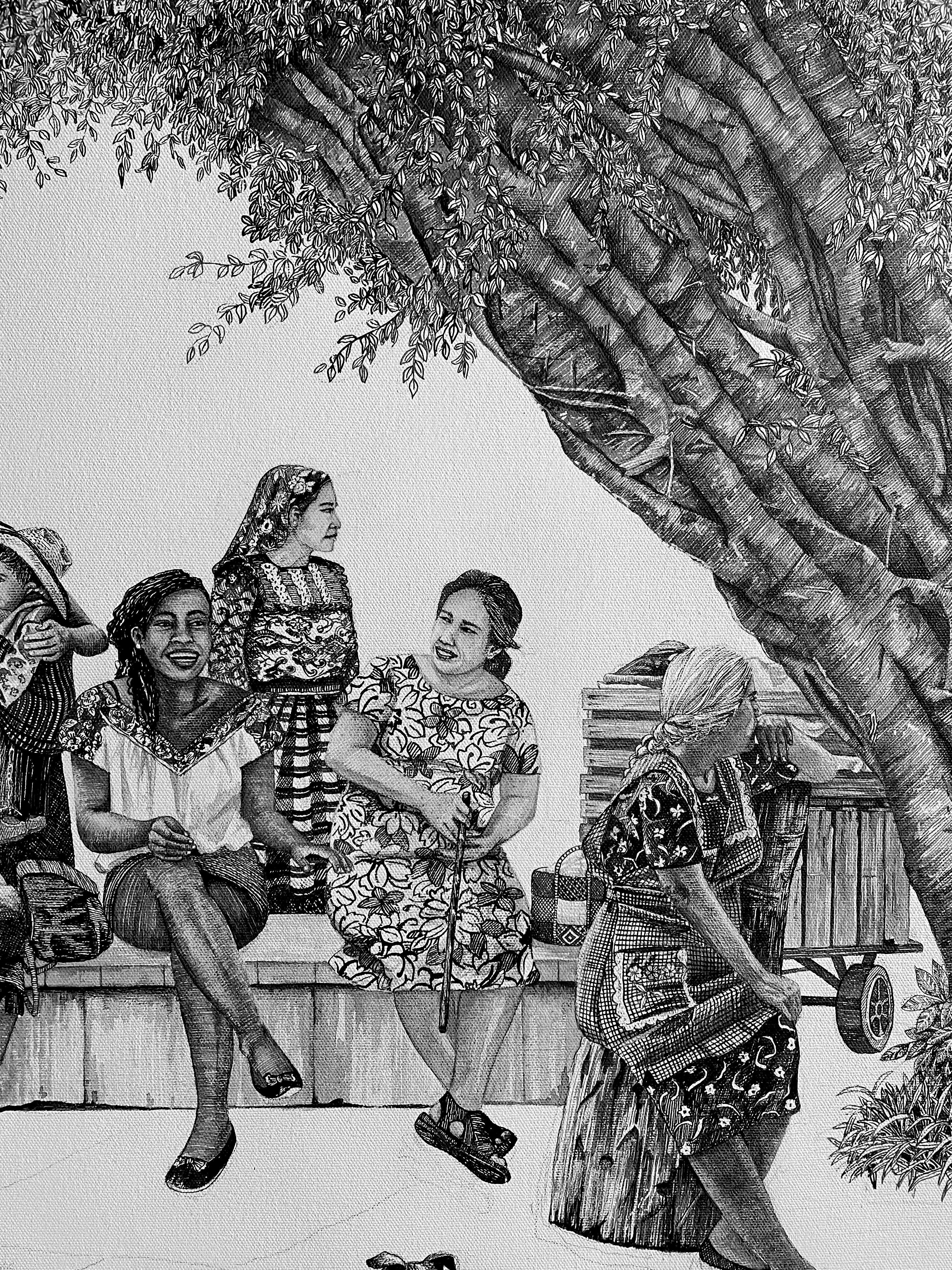 Mujeres de Oaxaca - Femmes de Oaxaca - encre contemporaine et pinceau sur toile en vente 1