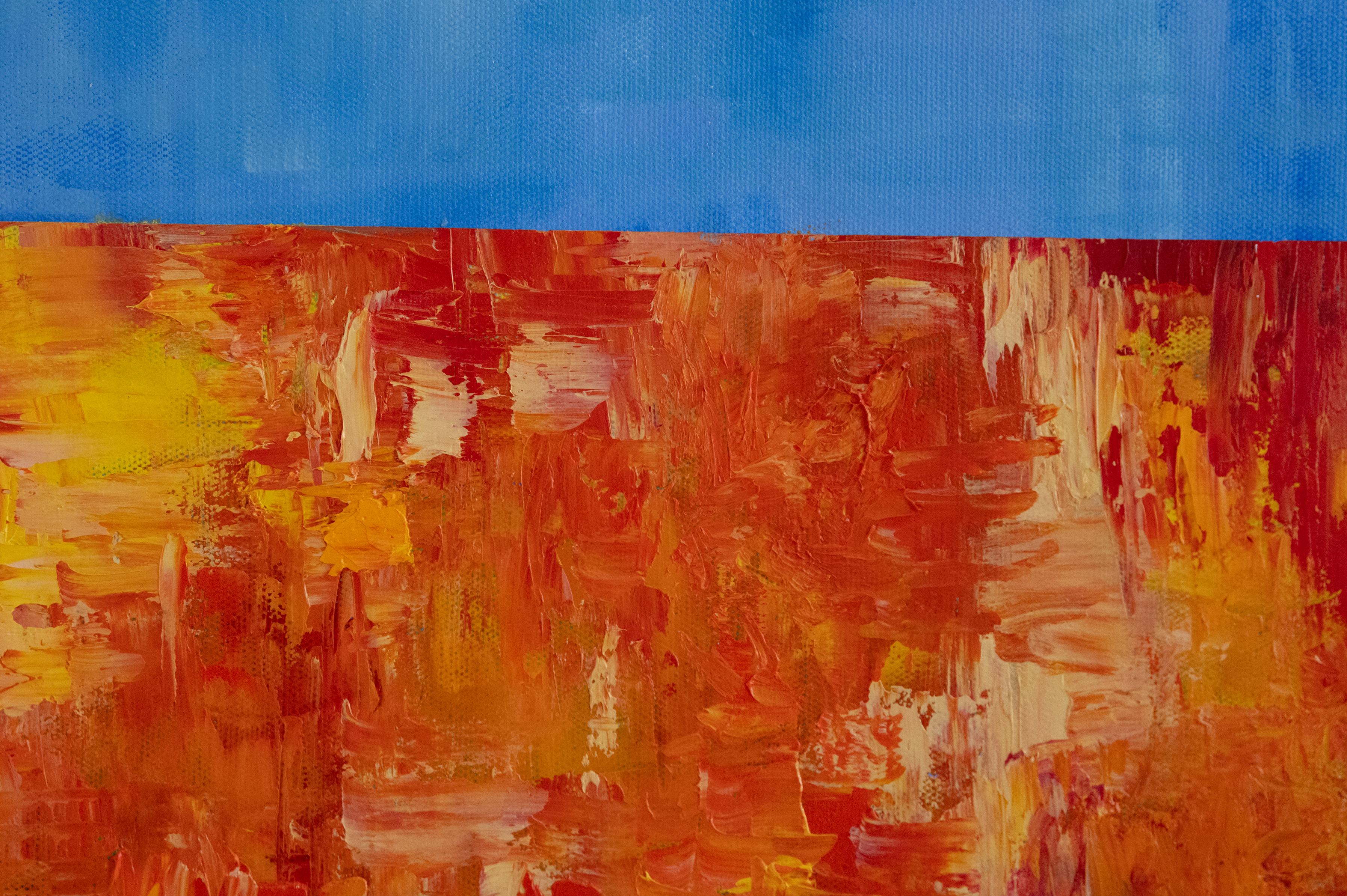 Abstrait bleu avec champ orange - Orange Abstract Painting par Alina O'Dwyer