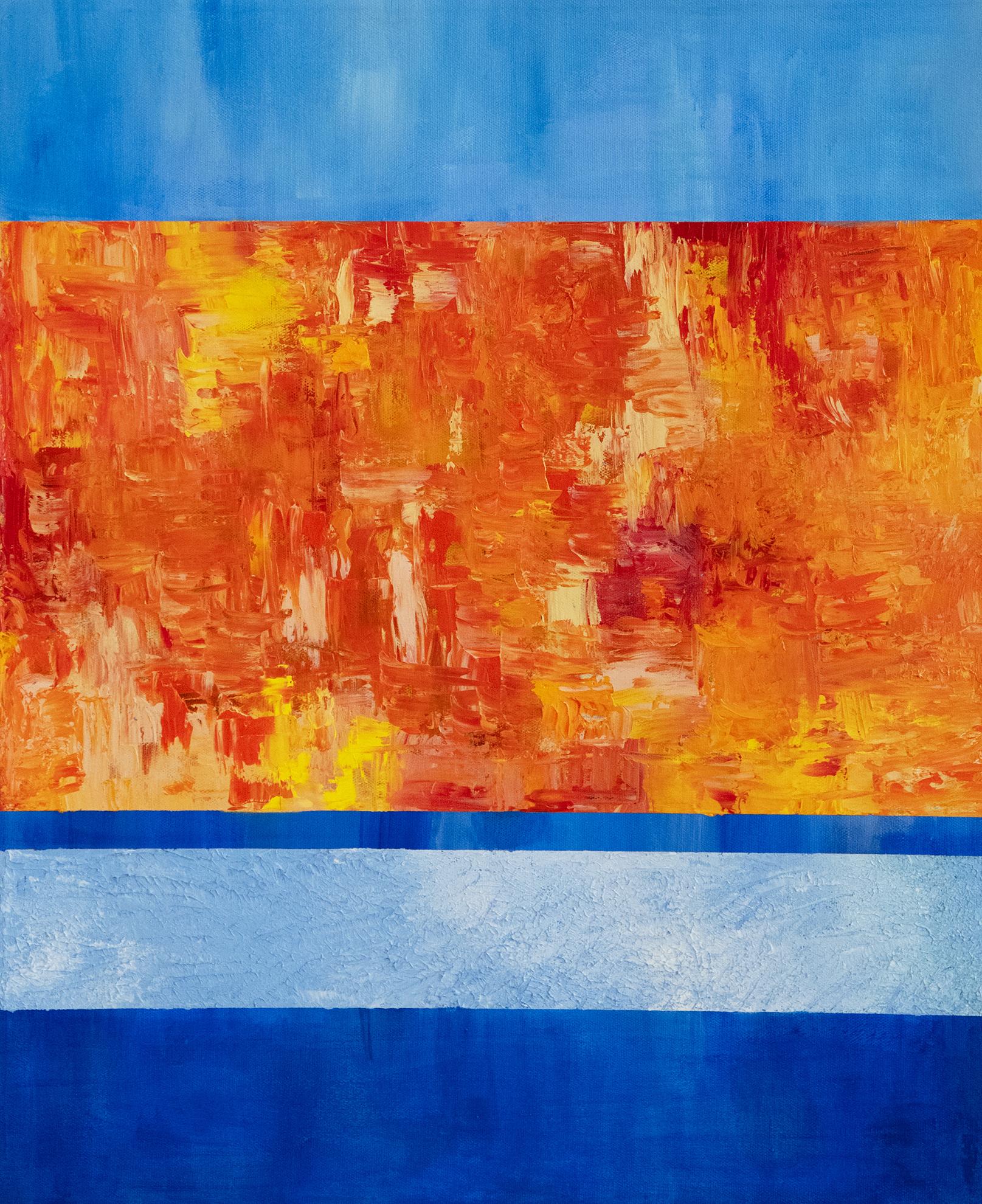 Abstract Painting Alina O'Dwyer - Abstrait bleu avec champ orange