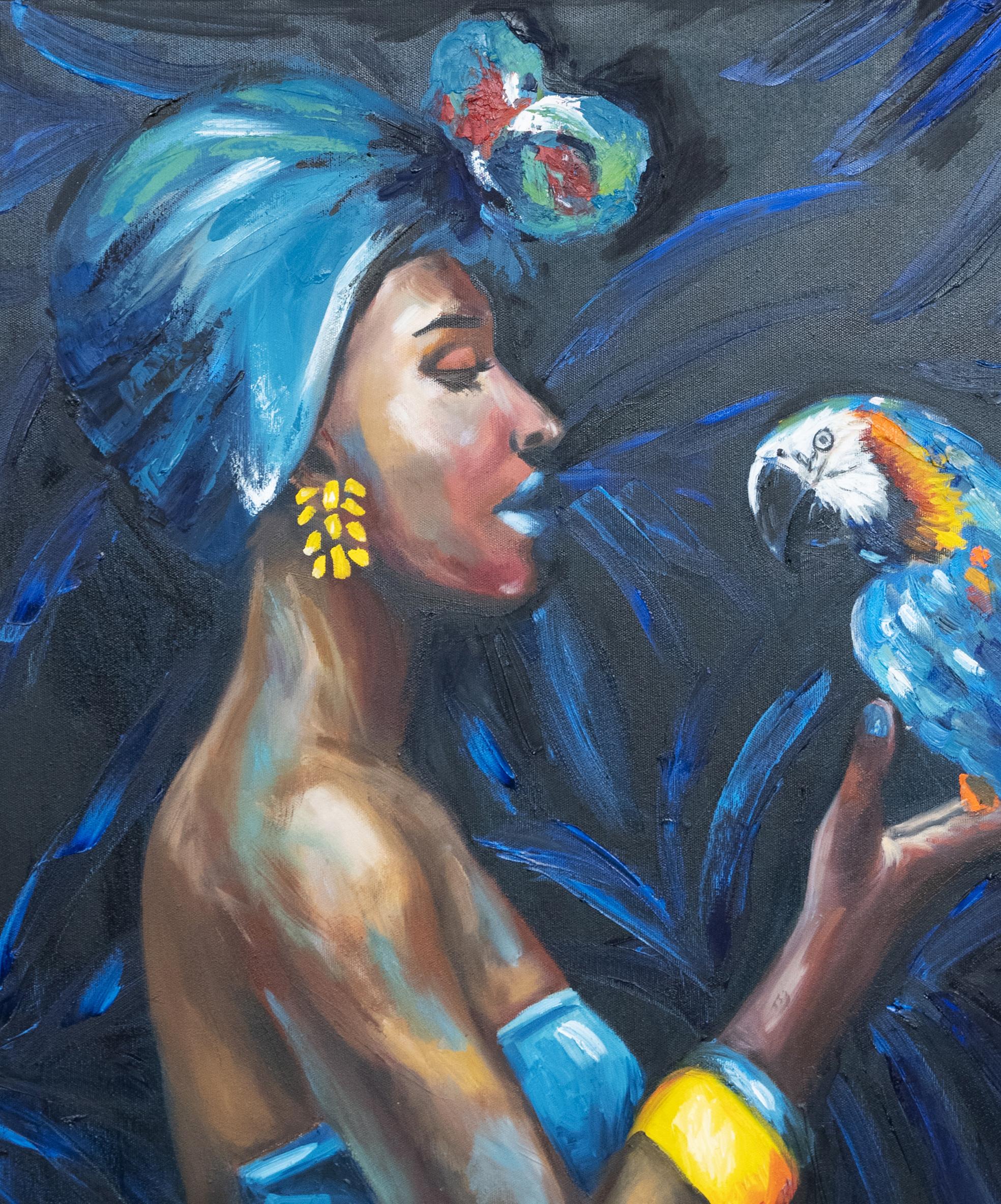 barco en marcha
Este cuadro capta maravillosamente a una mujer afroamericana con un vibrante loro, sobre un exuberante fondo de selva tropical. La escena evoca un mundo fantástico dominado por tonos azules y añiles. En este mundo, animales y humanos