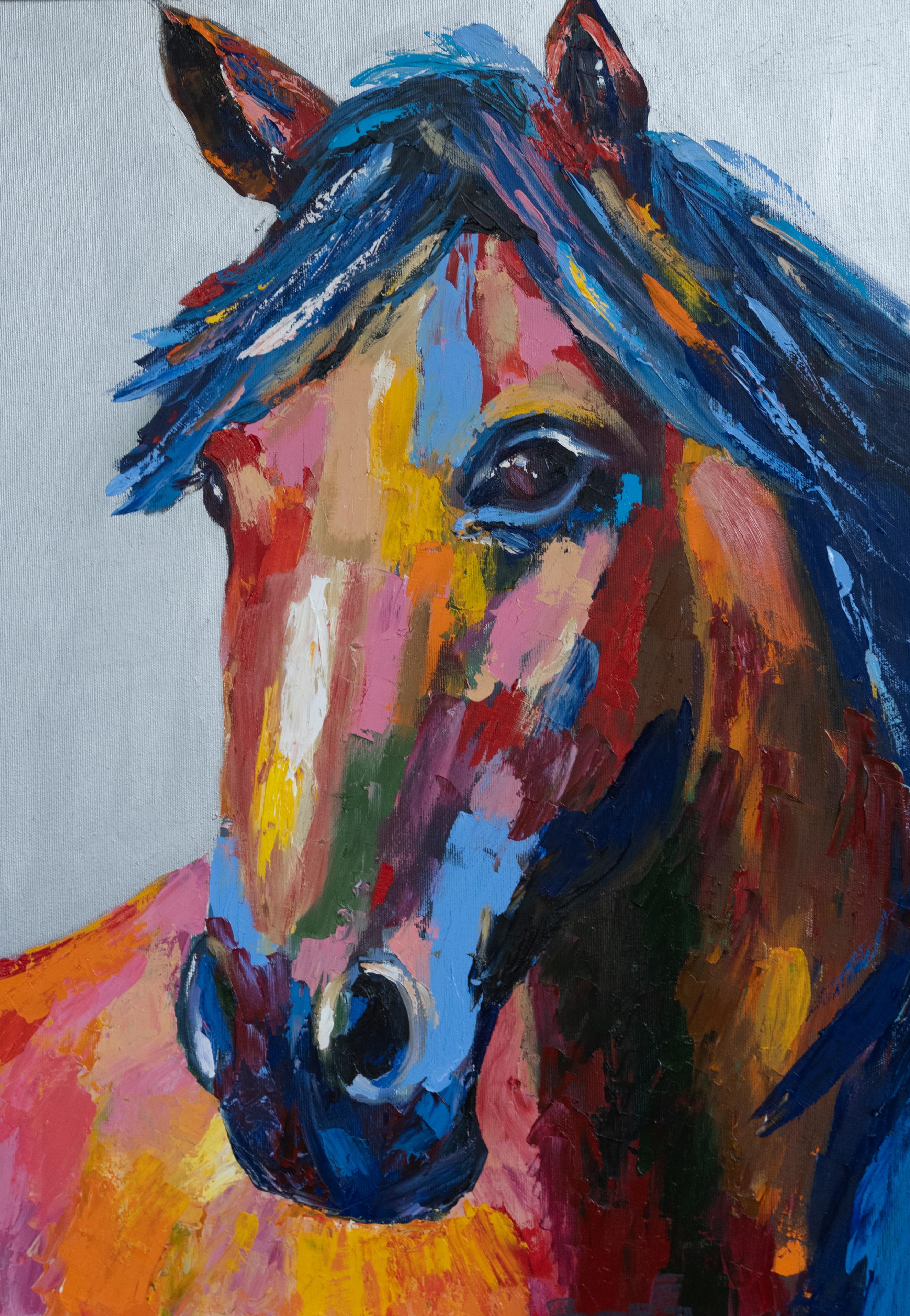 Questo dipinto cattura il fascino del cavallo in modo astratto, mostrando la sua bellezza con un uso dinamico del colore e della struttura. Il cavallo emerge dalla tela attraverso l'espressione  pennellate realizzate con una spatola. Ogni tratto