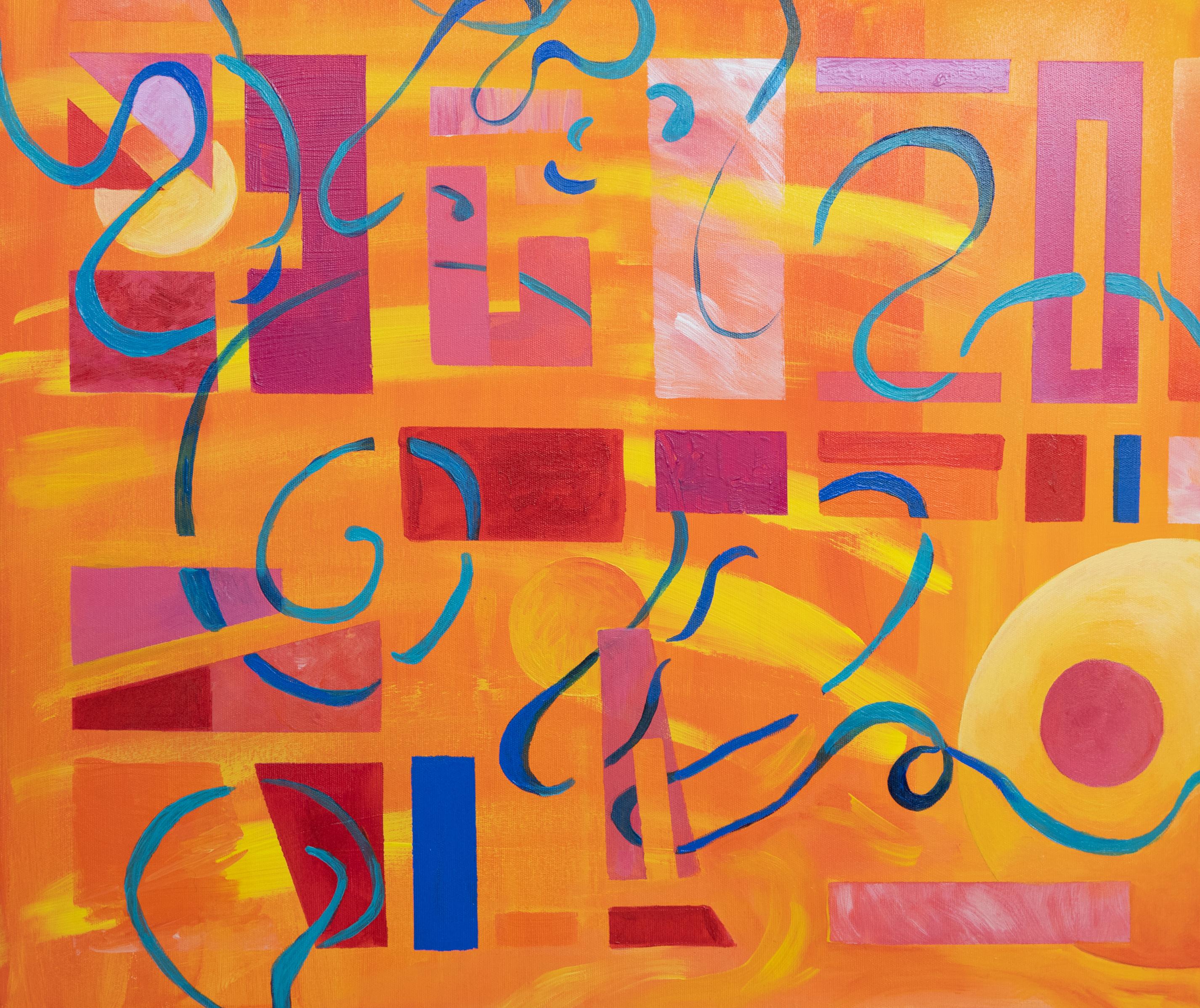 
Si tratta di un quadro astratto arancione realizzato con acrilico su tela, con bellissimi motivi in rosa, rosso, giallo e blu.

Ispirate alle opere astratte di Ad Reinhardt e all'arte astratta geometrica di New York, le forme di questo pezzo creano