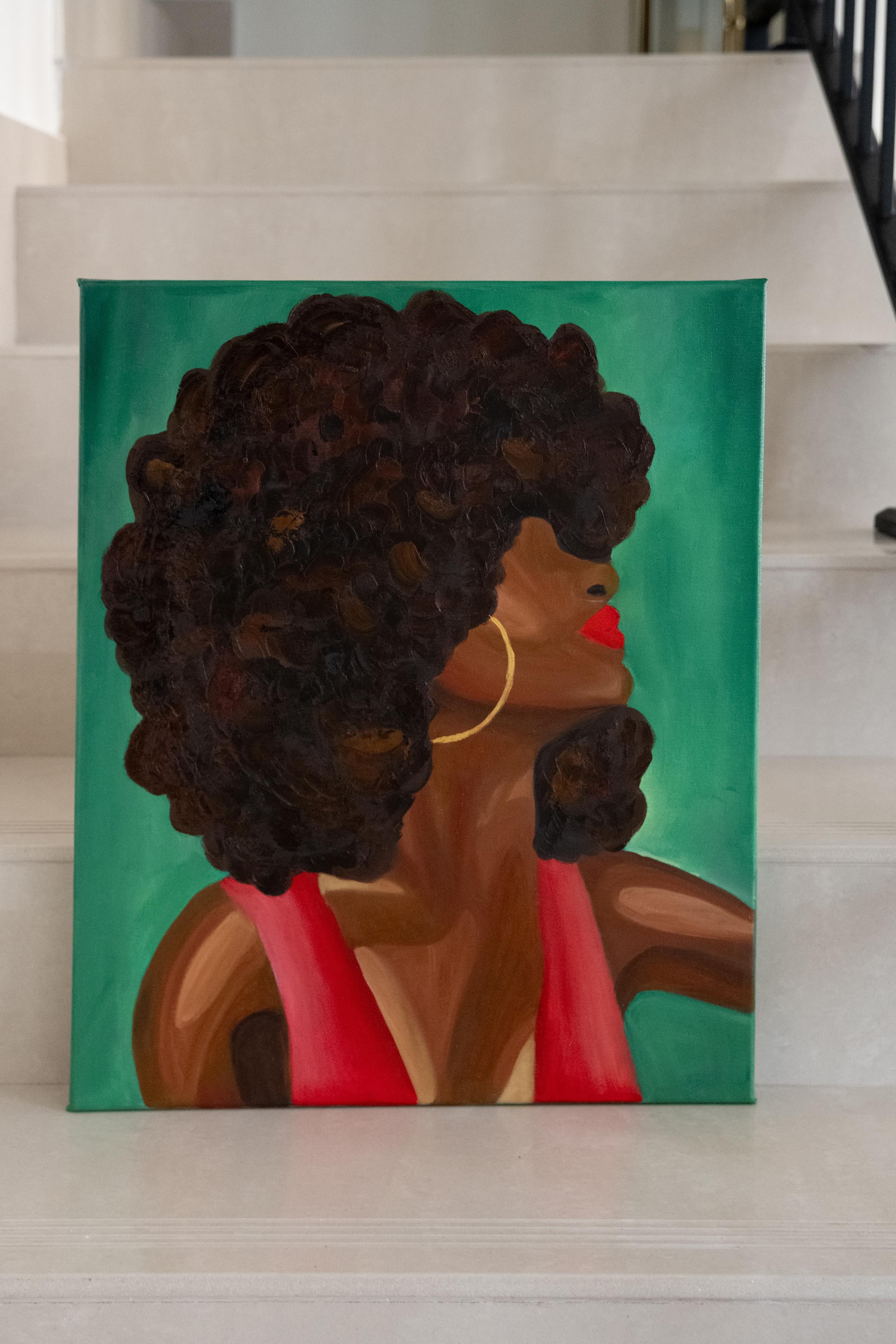 Dieses Gemälde stellt eine afroamerikanische Frau in abstrakter Weise dar. Einer der Schwerpunkte des Gemäldes ist die rote Farbe, die auf ihren Lippen erscheint und mit der Farbe ihres Kleides übereinstimmt. Rot wird oft mit Mut und Tapferkeit