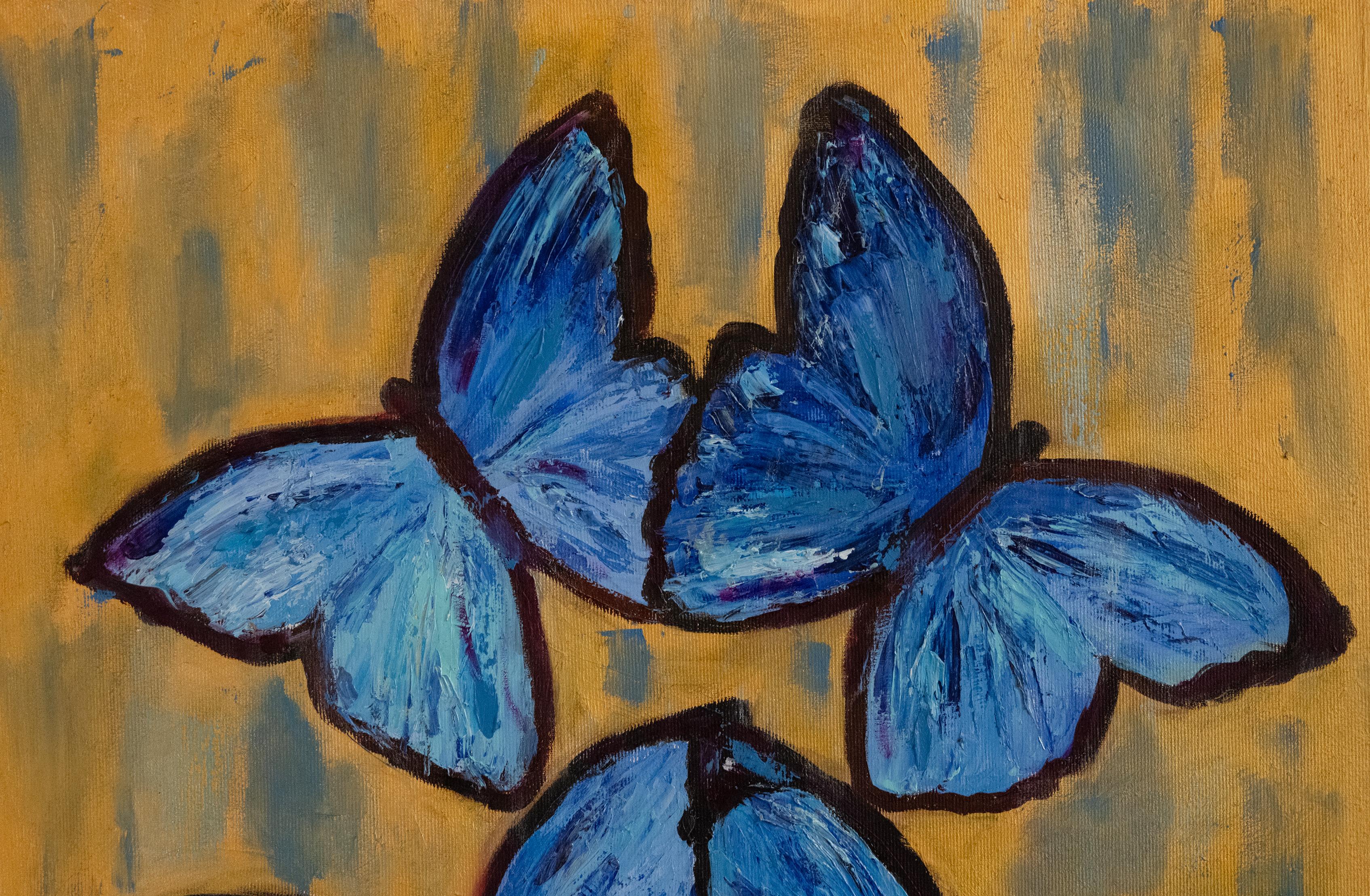 This oil painting captures the delicate flutter of butterflies, symbolizing the familiar sensation many describe as 