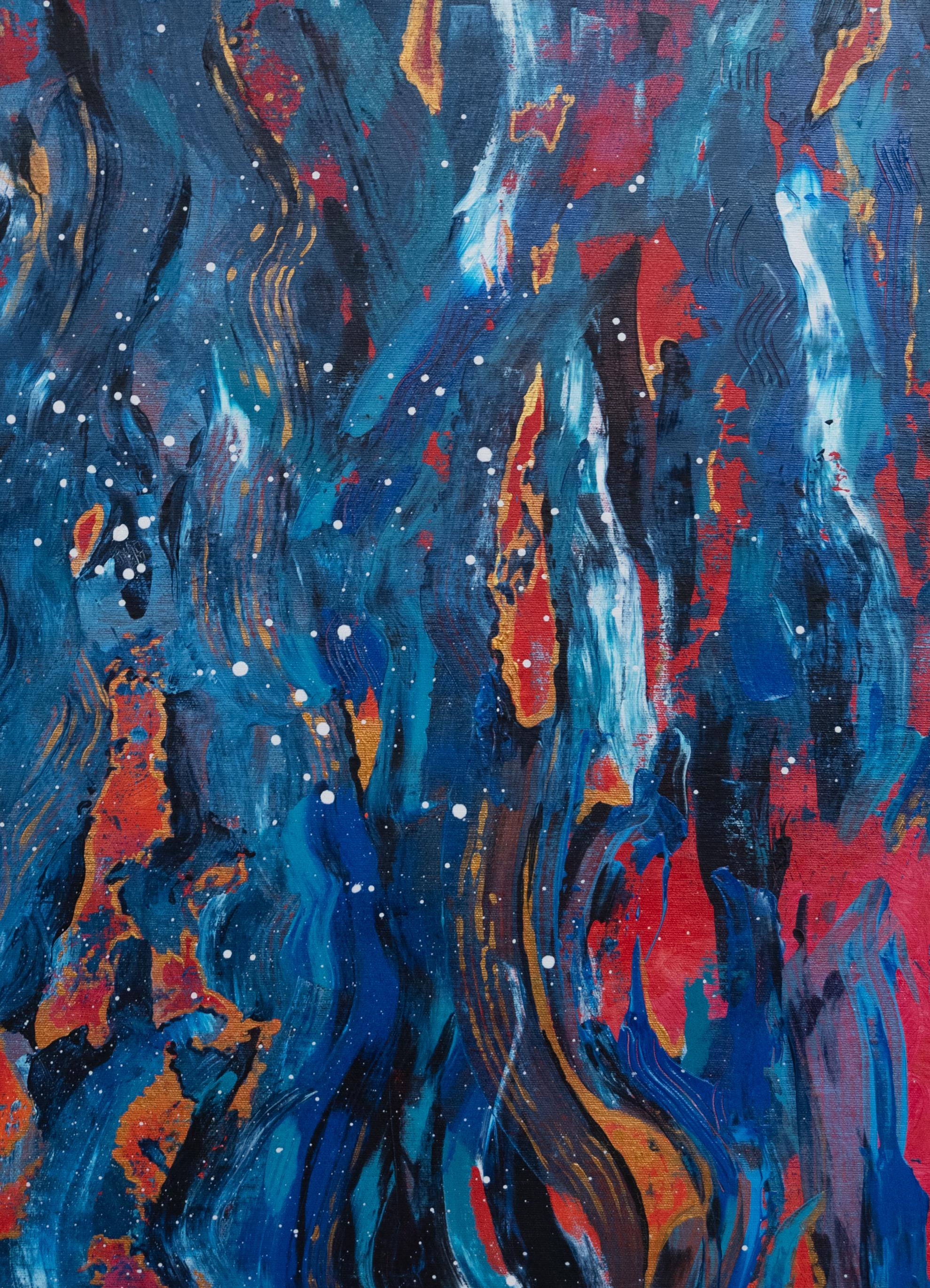 Eruzione di un vulcano.
Arte astratta in acrilico con tecniche diverse -
Il primo strato rosso è solo una base per le onde,
Le onde le ho realizzate con un cartone animato e ho utilizzato diverse ombre del colore blu,
Con il pennello ho aggiunto