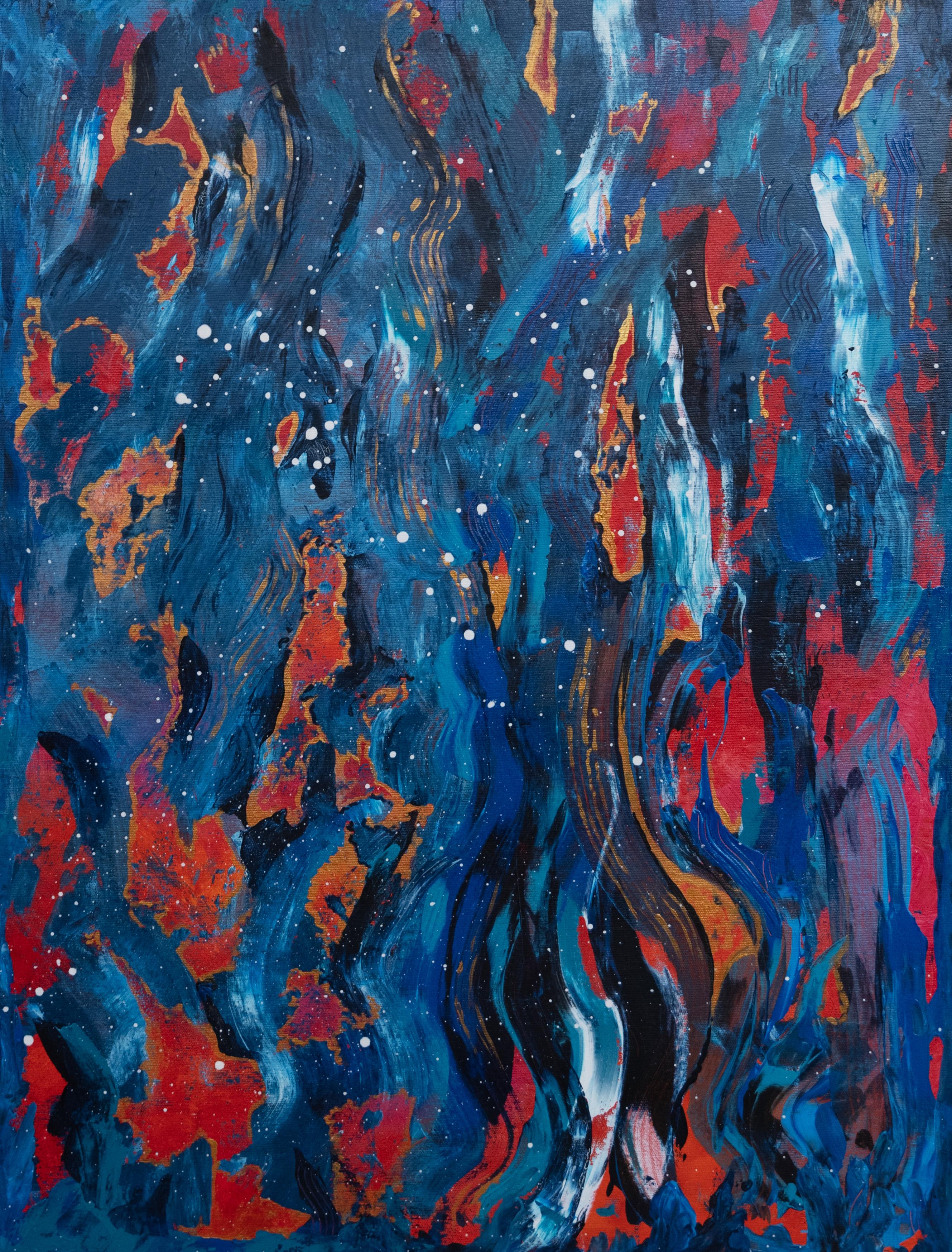 Abstract Painting di Alina O'Dwyer - Quadro astratto sull'eruzione del vulcano