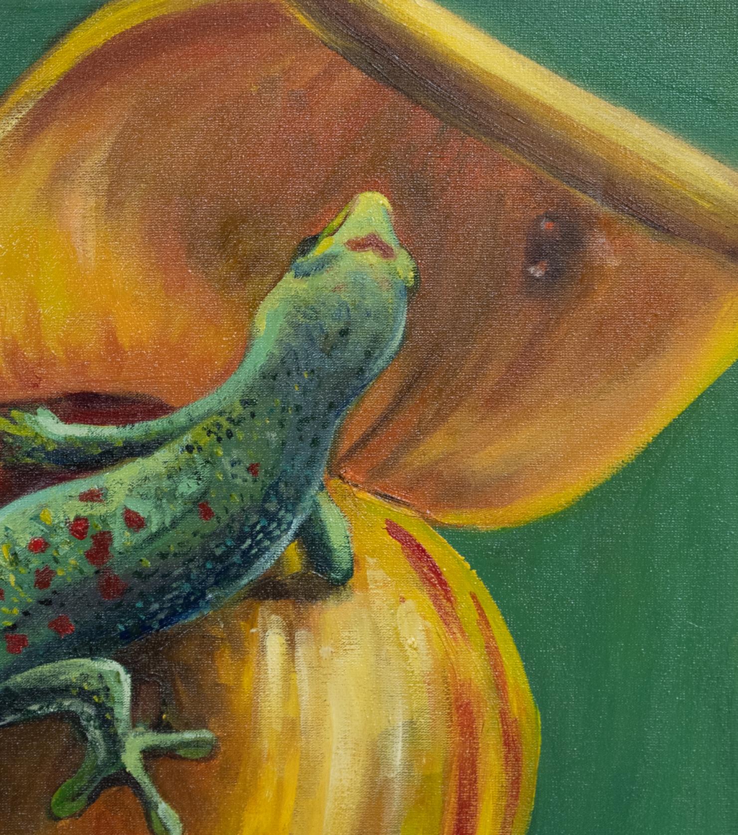 Este hermoso cuadro, con sus vivos tonos verdes, representa la naturaleza salvaje que puede parecer peligrosa y asombrosamente bella al mismo tiempo. Inspirado en mi visita al complejo turístico de Gamboa, en la selva tropical de Panamá, retrata la