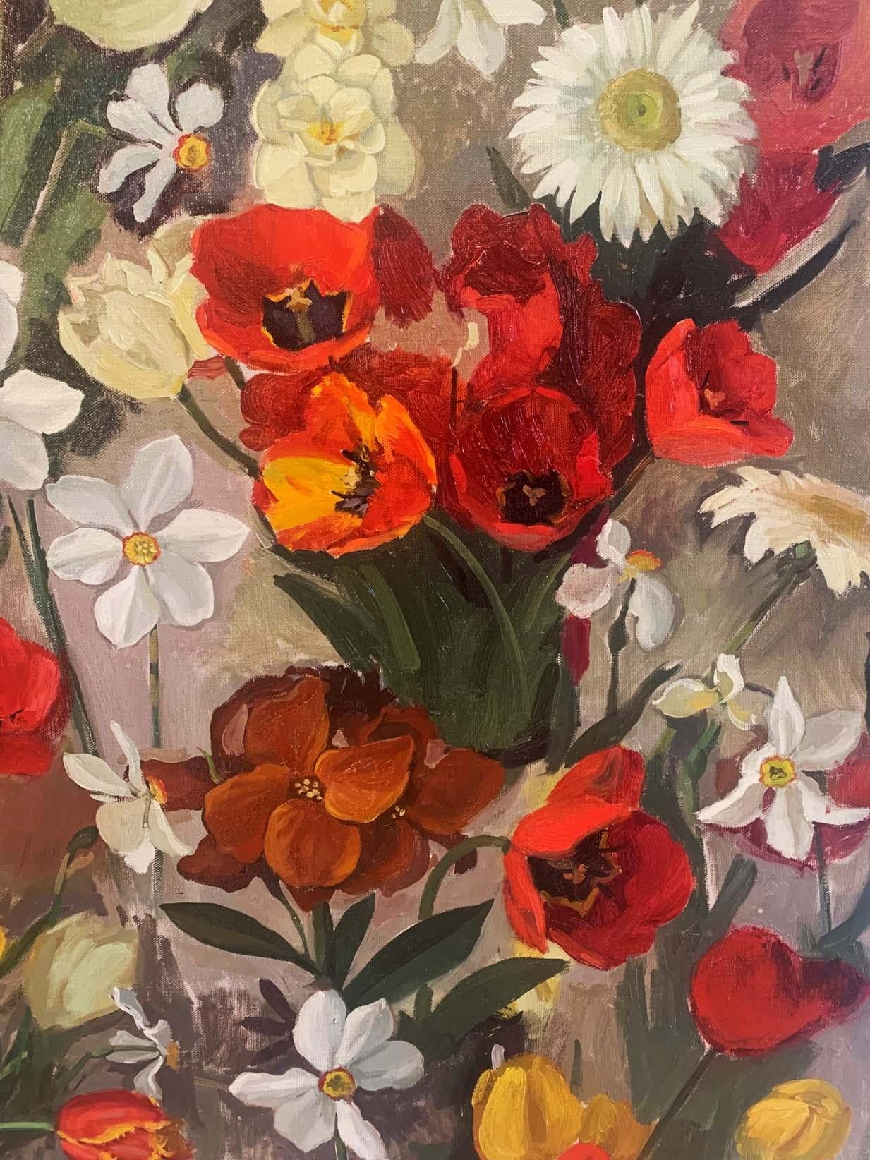 Flowers - Gray Still-Life Painting by Alina Sharovskaya