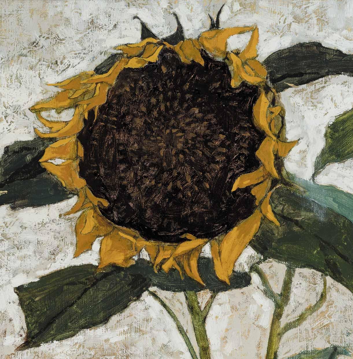 A simple but strong painting of a portrait of a sunflower by Ukrainian artist, Alina Sharovskaya. Painting is both contemporary and classical with an 