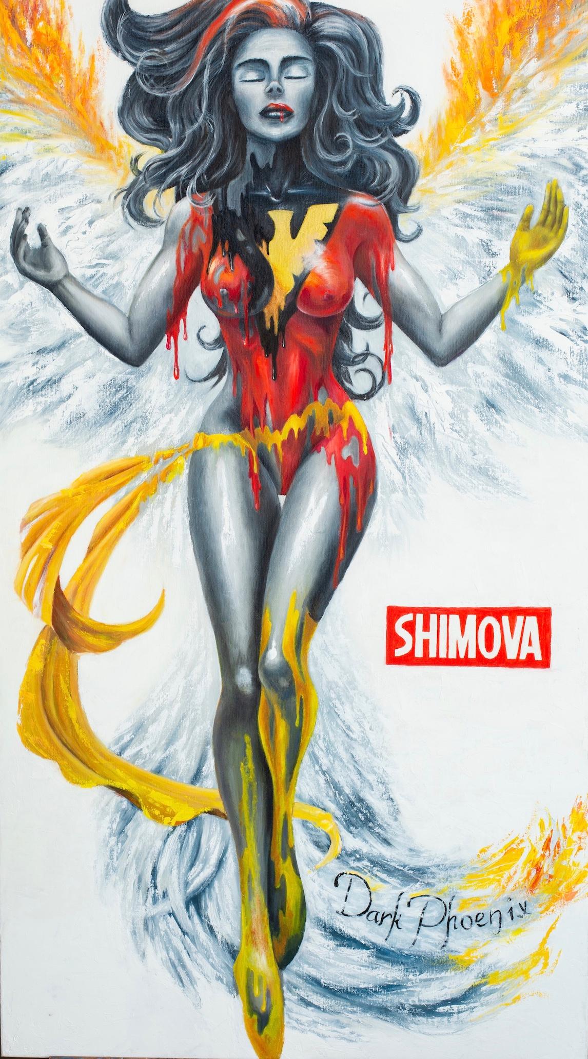 « Dark Phoenix », peinture à l'huile de 59 pouces x 31 pouces d'Alina Shimova 