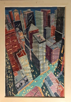 City Evening, Large Scale Whiteline Woodcut New York City at Night ed. 25