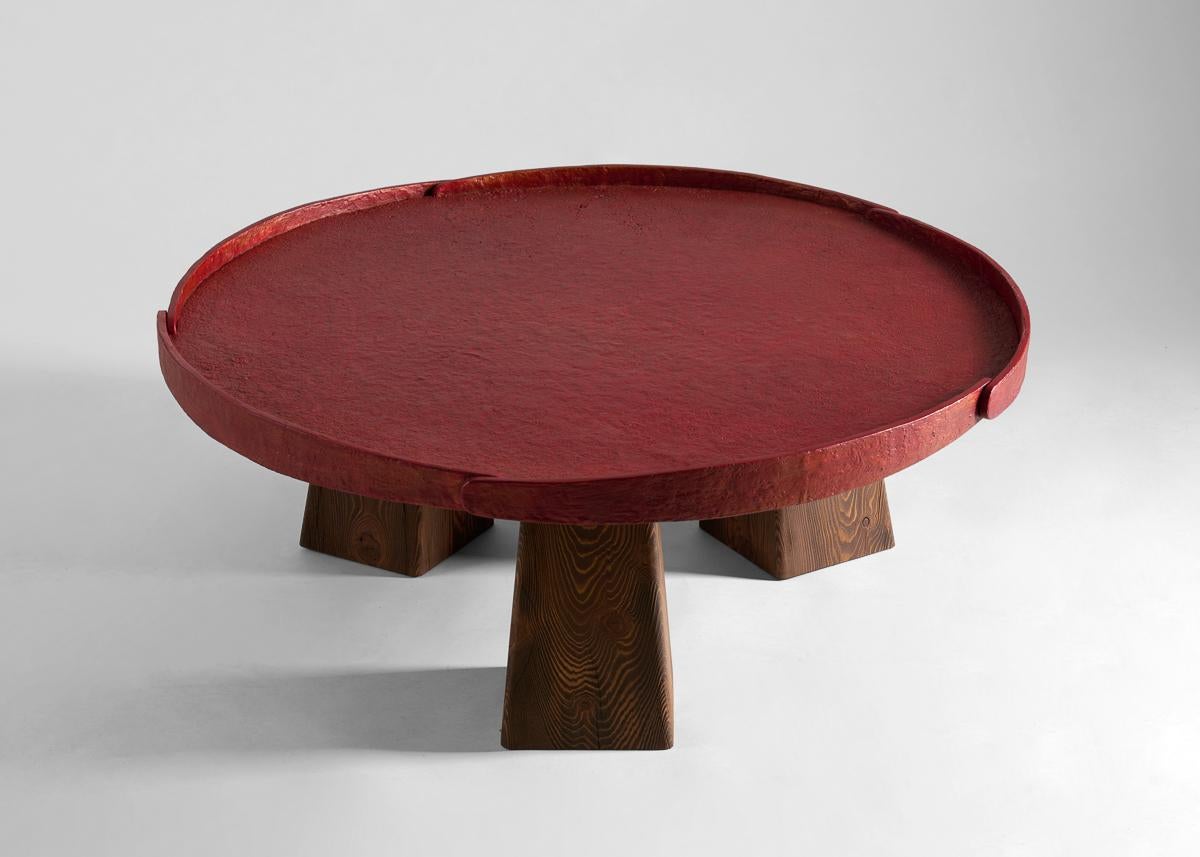 Patinated Aline Hazarian, Arpi Red, Circular Coffee Table, Bronze & Wood, Lebanon, 2021 For Sale