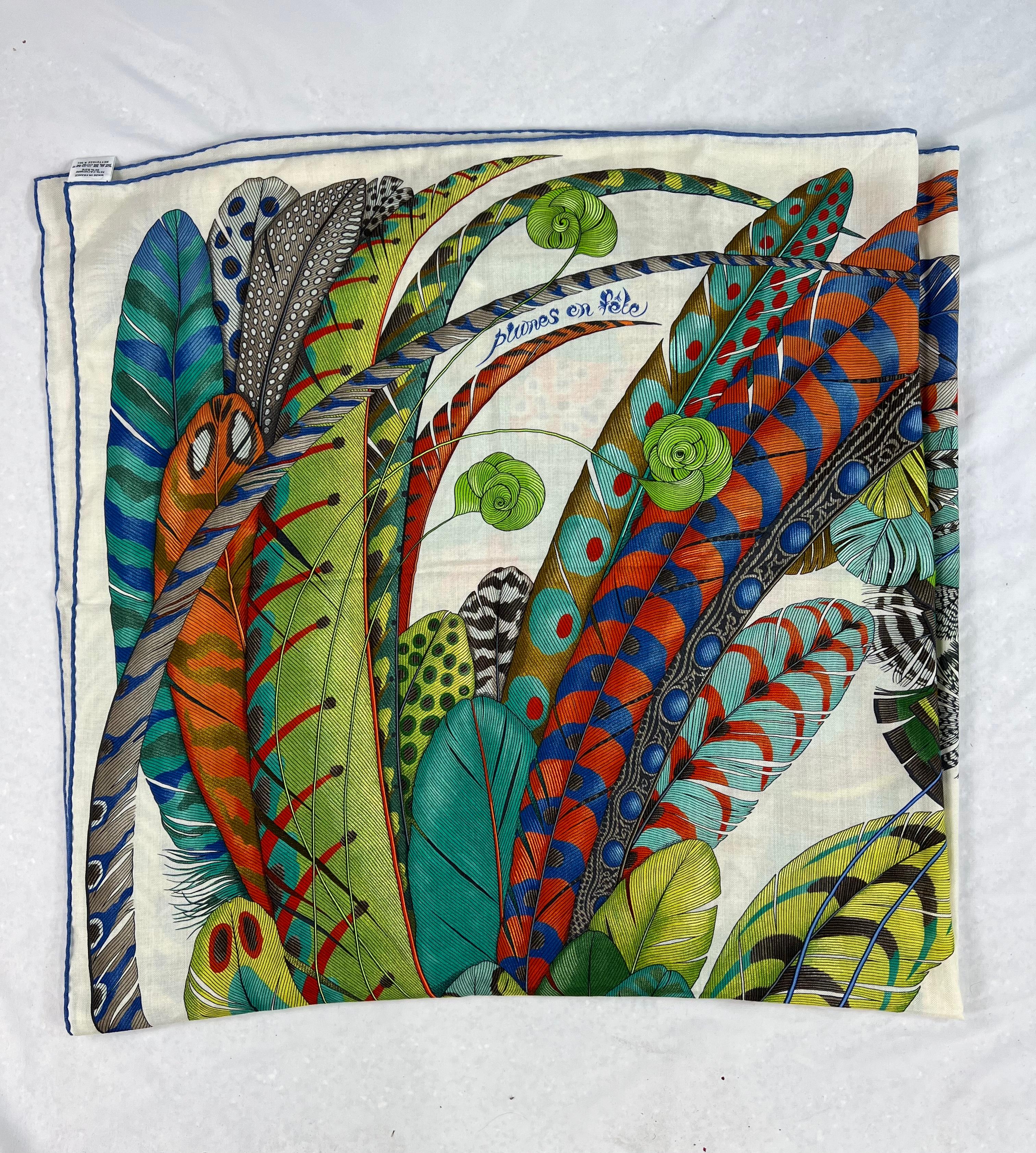 Aline Honore for Hermès Paris  Plumes en Fete Scarf w/ Box In Excellent Condition In Beverly Hills, CA