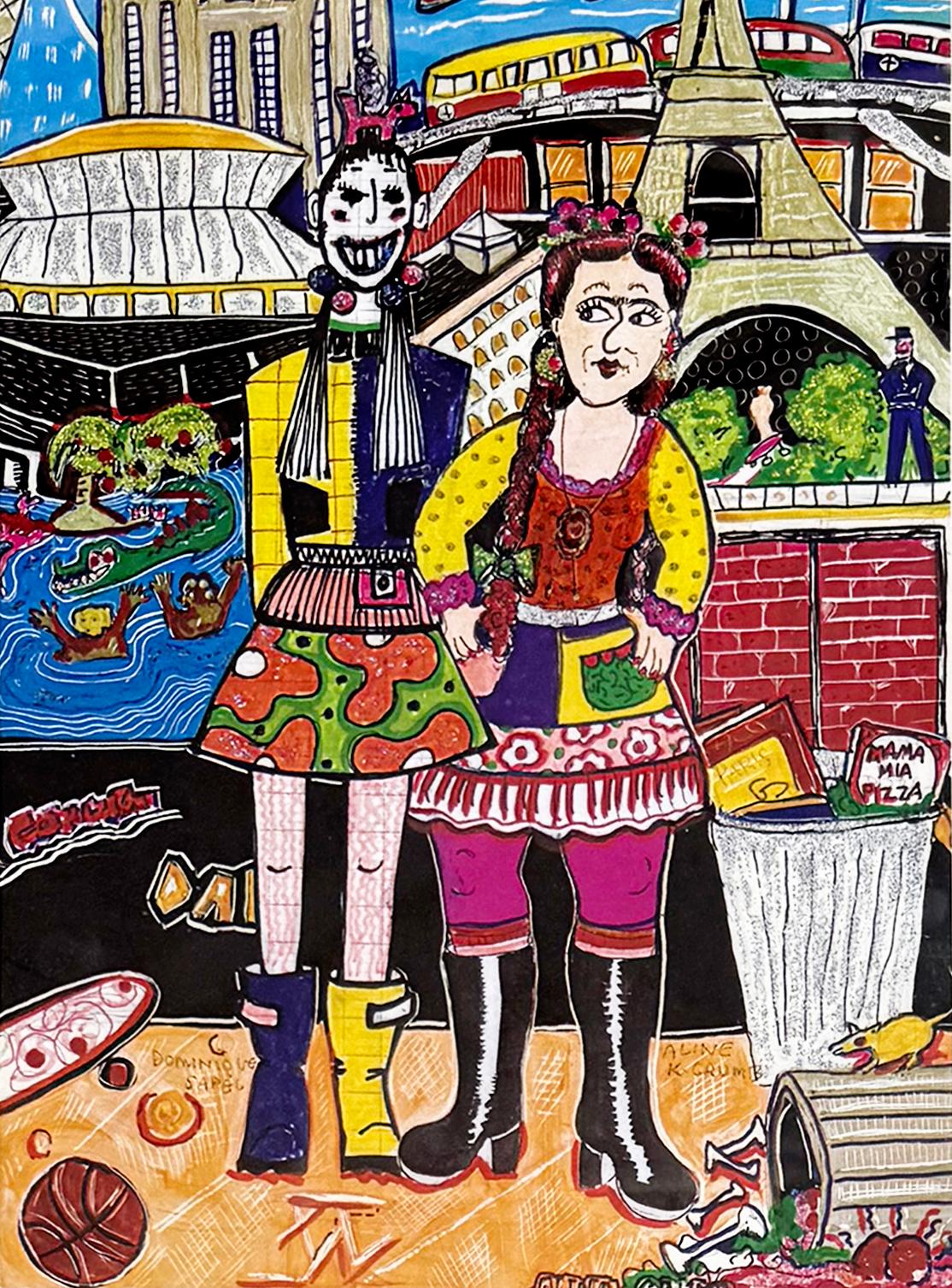 Aline Kominsky-Crumb & Dominique Sapel Collab Original Mixed Media sur papier en vente 1