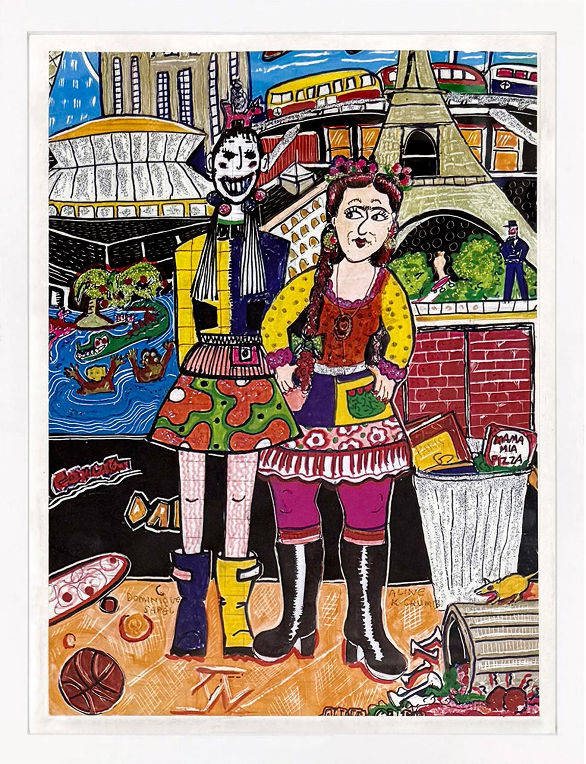 Technique mixte originale sur papier (stylo, aquarelle et acrylique).  Collaboration d'Aline Kominsky-Crumb et de Dominique Sapel pour une exposition à Miami, 2012.  Signé à la main en bas du recto par Aline Kominsky-Crumb et Dominique Sapel. 