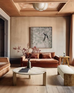 "Aline"  Travertine and Oak Wedge Leg Coffee Table by Christiane Lemieux