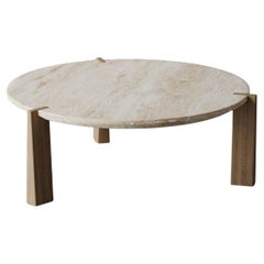 "Aline"  Travertine and Oak Wedge Leg Coffee Table by Christiane Lemieux
