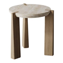 "Aline" Travertine and Oak Wedge Leg Side Table by Christiane Lemieux