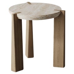 "Aline" Travertine and Oak Wedge Leg Side Table by Christiane Lemieux