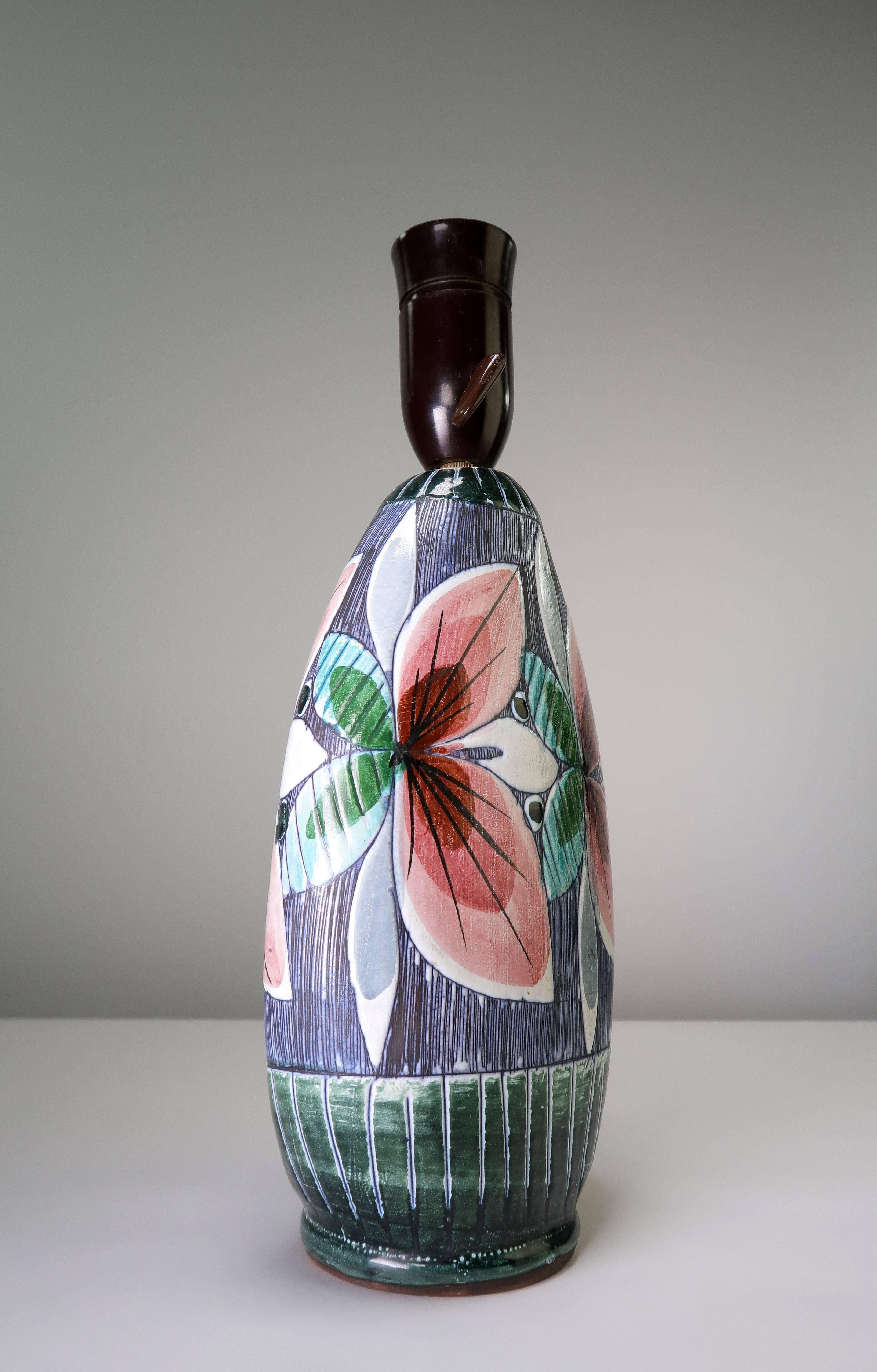 Glazed Alingsås 1950s Hand-Painted Swedish Modern Floral Ceramic Table Lamp For Sale