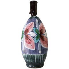 Hand-Painted Swedish Modern Floral Ceramic Alingsås Table Lamp, 1950s