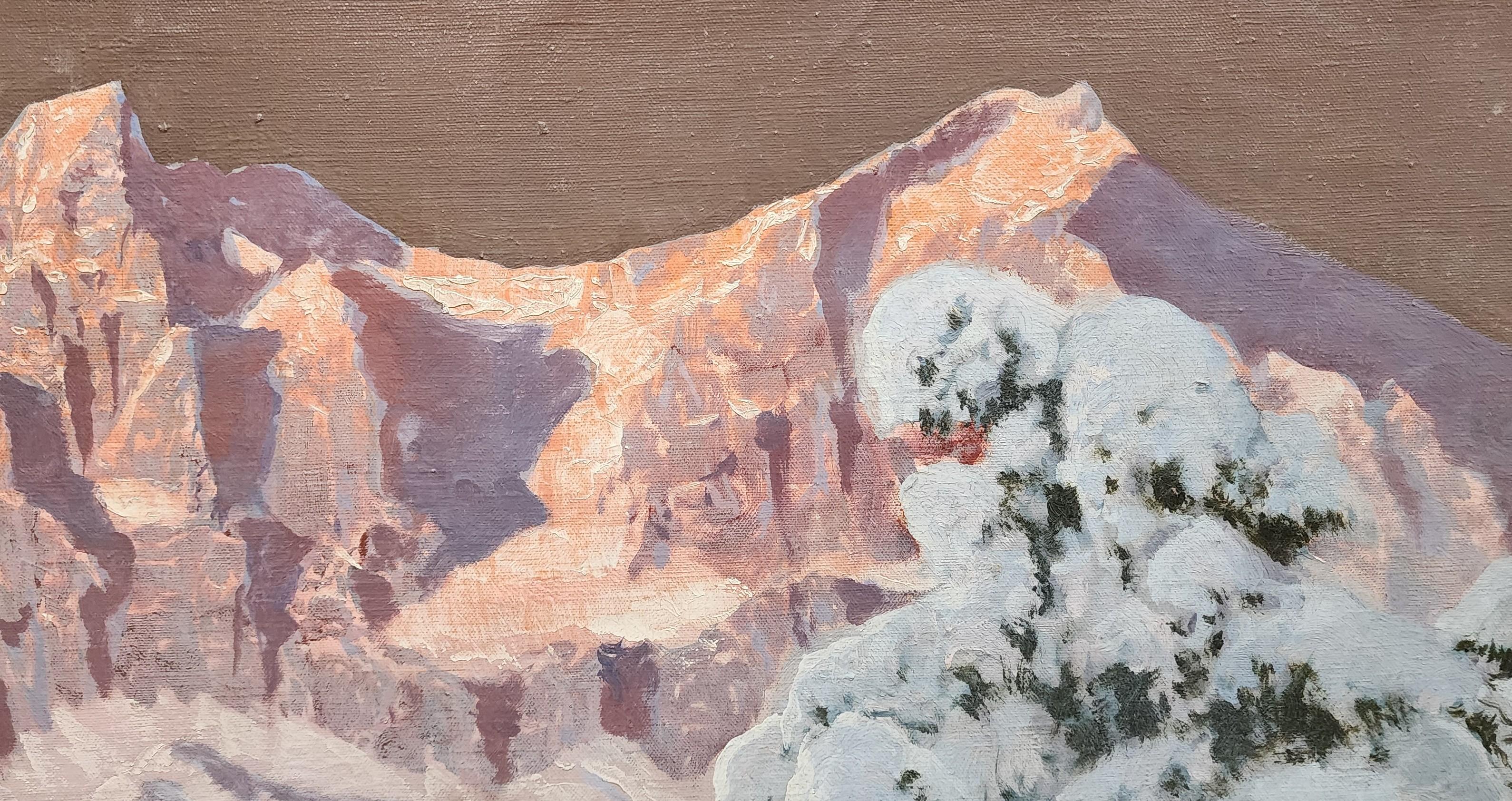 Kaisergeb, Kaiser Mountains, Austrian Landscape, Moody, Sunset on Mountains - Brown Landscape Painting by Alios Arnegger
