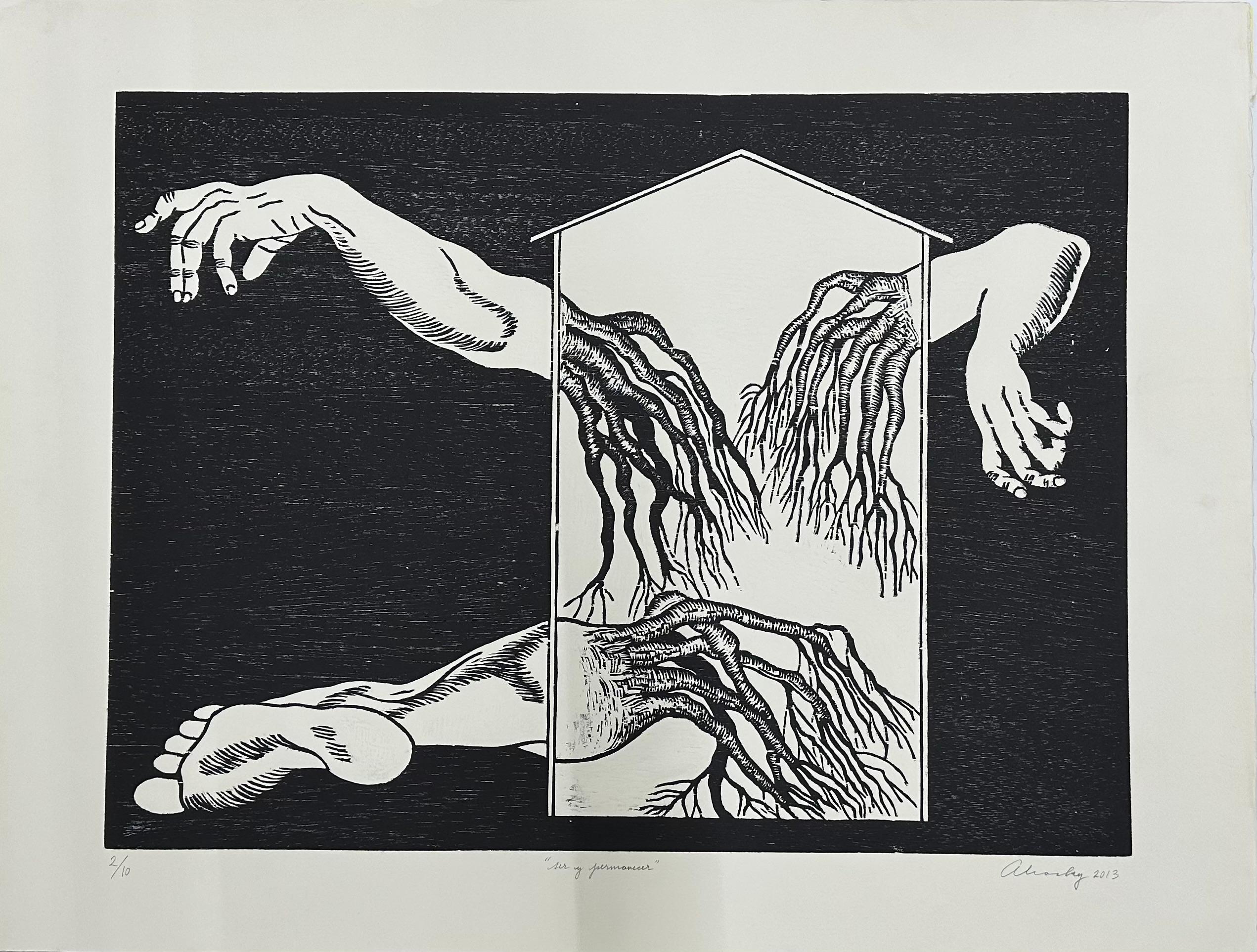 Figurative Print di Aliosky Garcia - "Ser y Permanecer" 2013 Original Signed Woodcut Surrealism Cuban Artist
