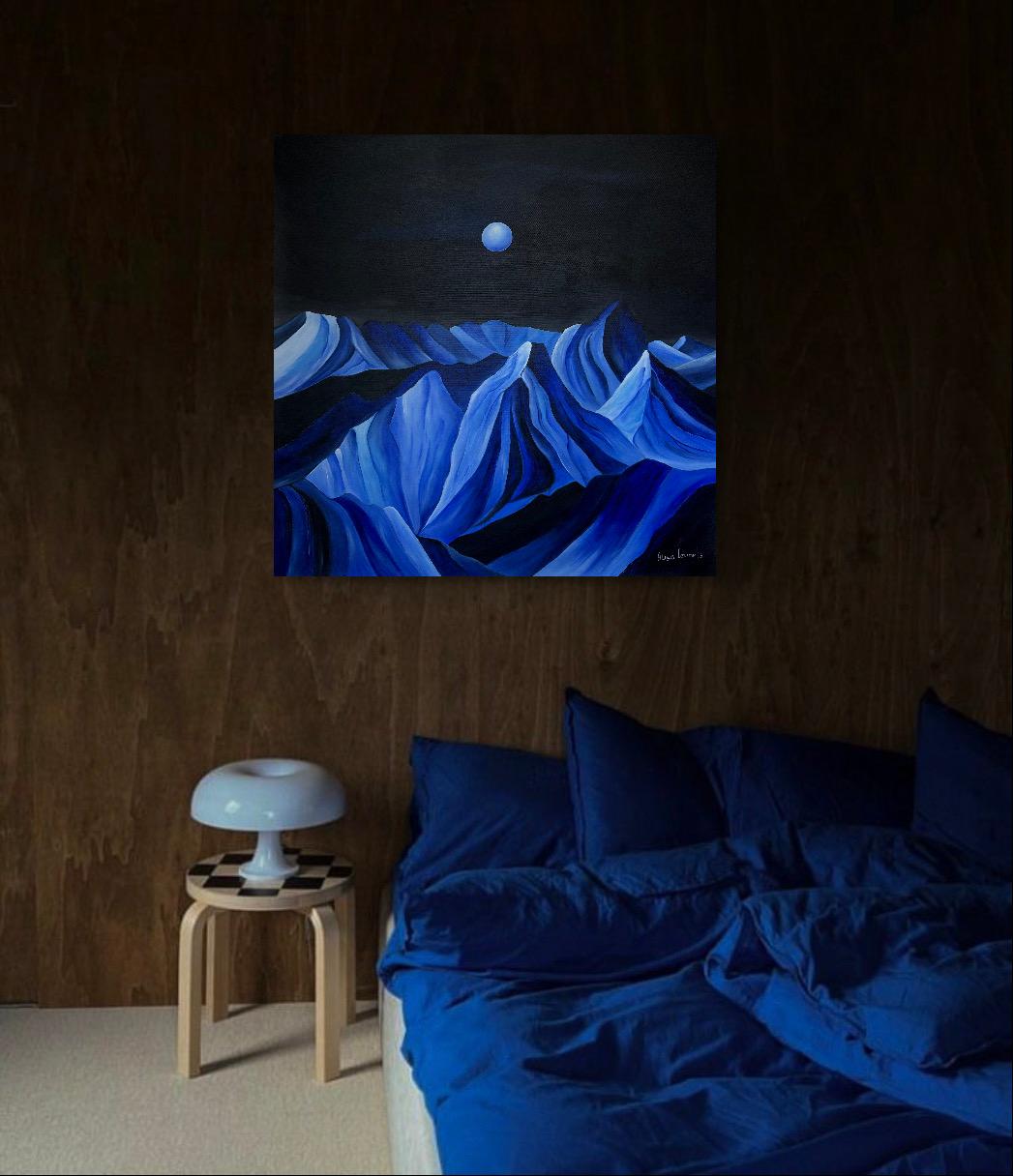 shipped in roll 
Among Glass Mountains
 From the ENIGMATIK series
 Acrylic on canvas
These mountains are a metaphor for the state of the soul. In their shapes lie nostalgia, northern coolness, and a fragile, glass-like attempt to build walls in