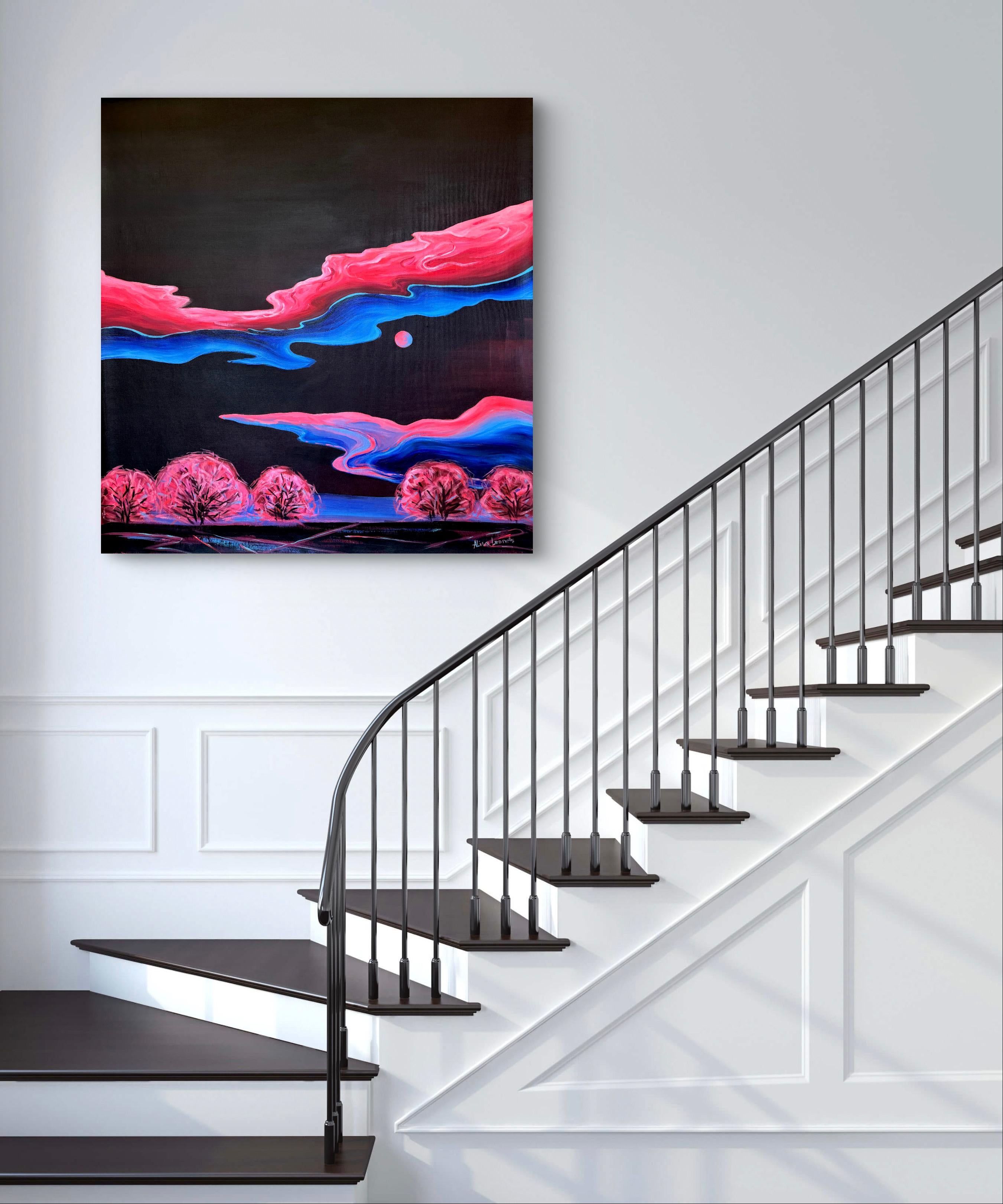 Night Between Worlds - Black Landscape Painting by Alisa Leonets