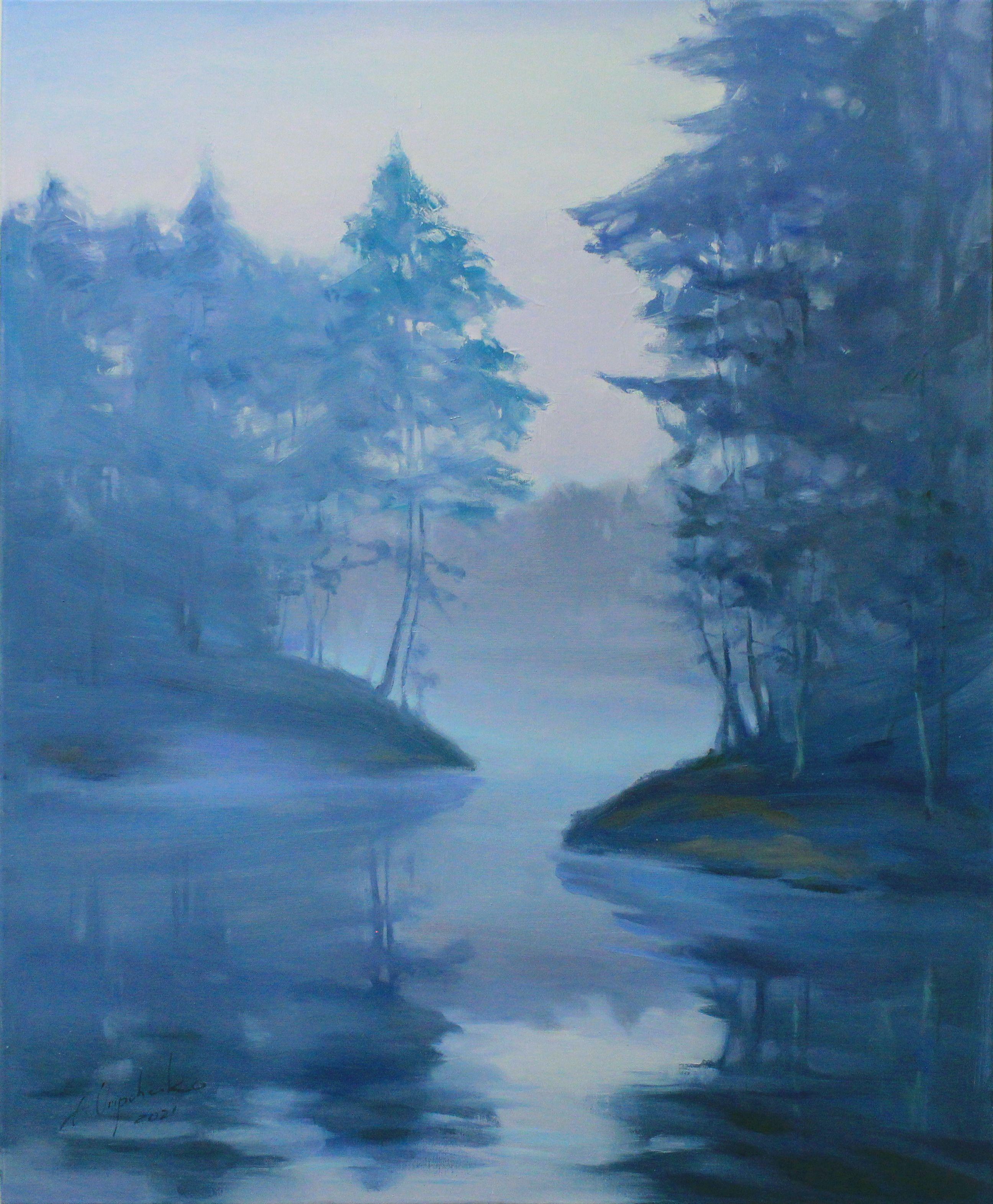 „Blauer Nebel“, Gemälde, Öl auf Leinwand